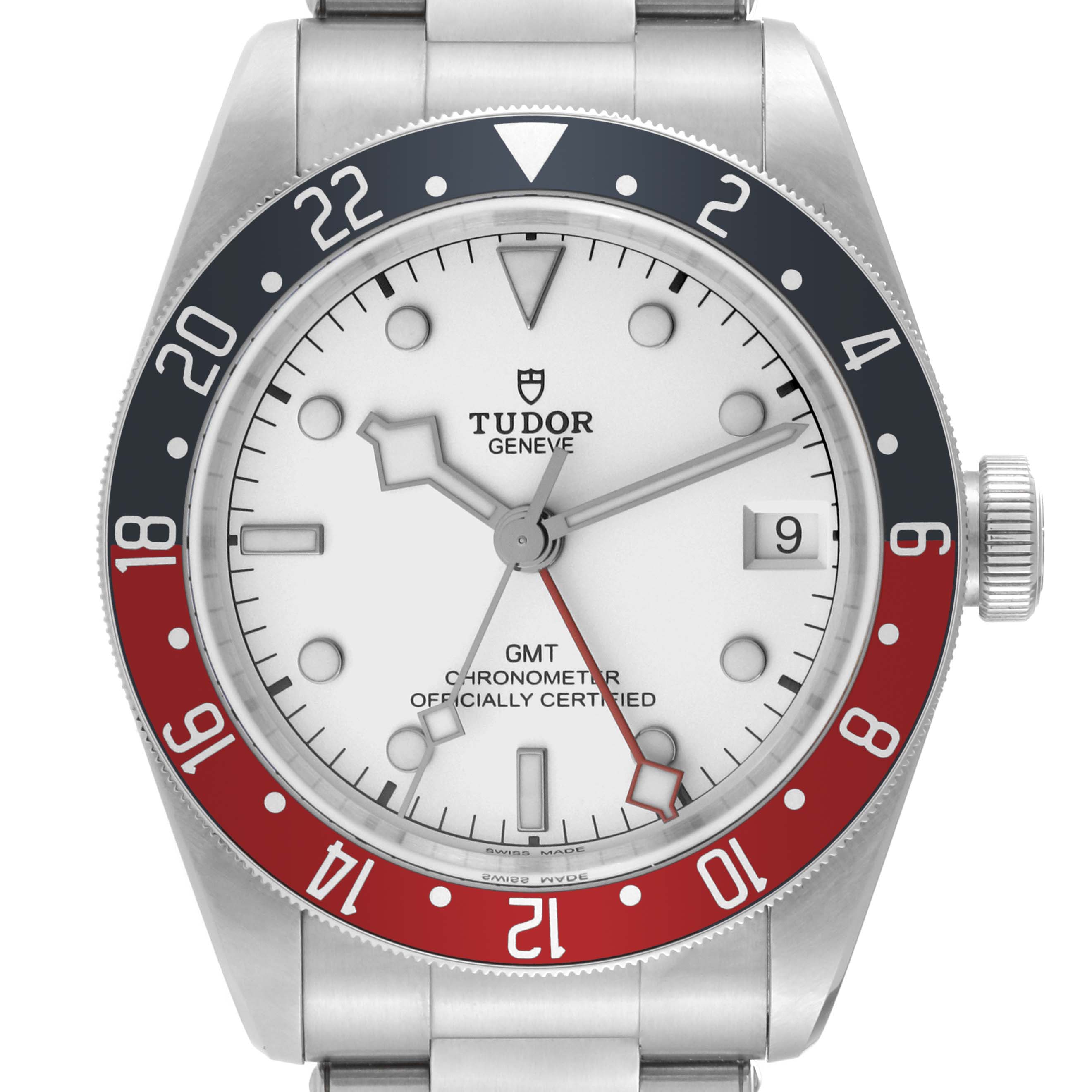 The Tudor Heritage Black Bay 79830RB Men's Stainless Steel Silver Dial 79830RB Men's Stainless Steel Silver Dial watch is shown from a frontal angle, highlighting its dial, bezel, and part of the bracelet.