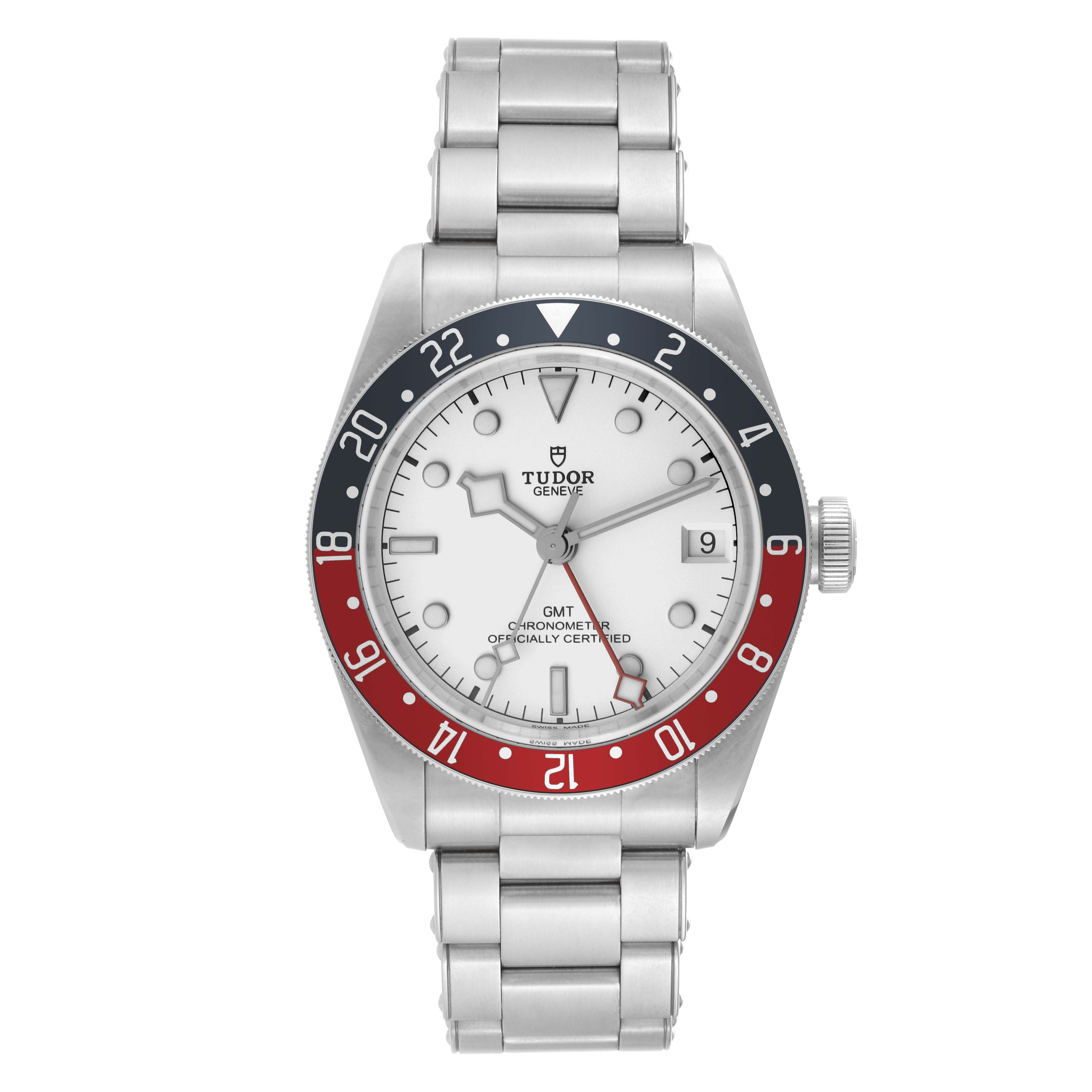 The Tudor Heritage Black Bay 79830RB Men's Stainless Steel Silver Dial 79830RB Men's Stainless Steel Silver Dial watch is shown from a front angle displaying its bezel, dial, and stainless steel bracelet.