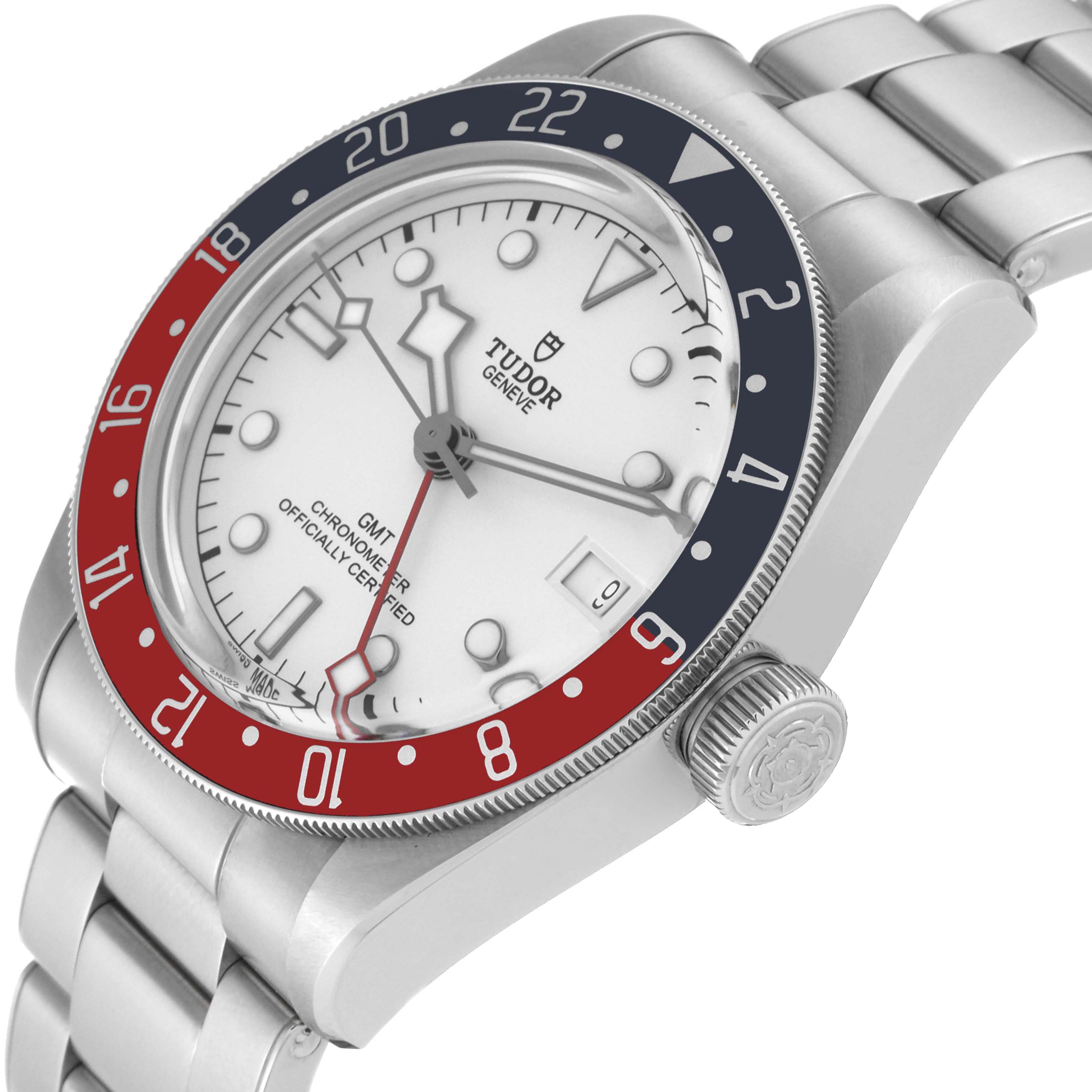 The image shows a Heritage Black Bay Tudor watch at an angled side view highlighting the dial, bezel, crown, and part of the bracelet.