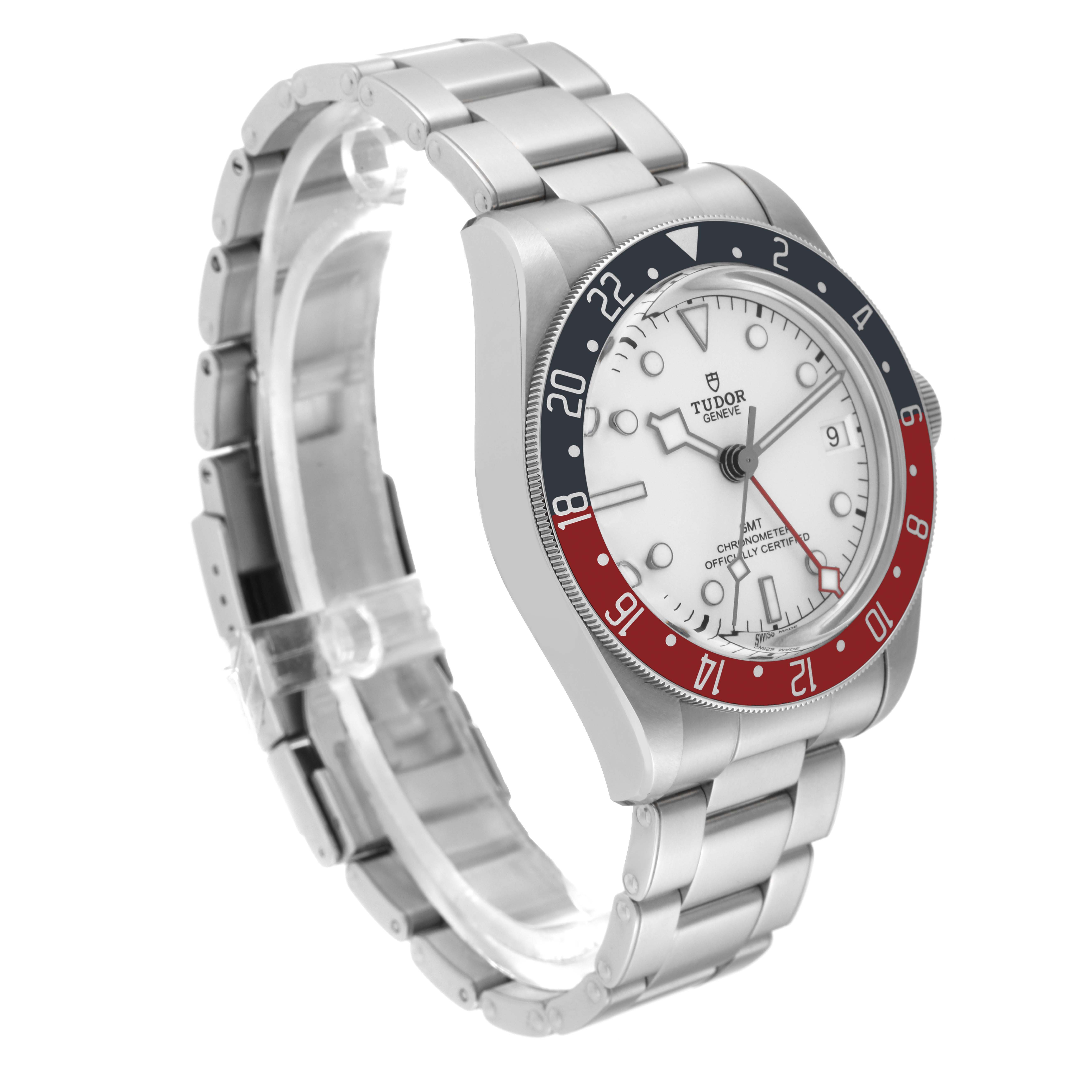 The Tudor Heritage Black Bay 79830RB Men's Stainless Steel Silver Dial 79830RB Men's Stainless Steel Silver Dial watch is shown at a three-quarter angle, displaying its bezel, dial, and bracelet.