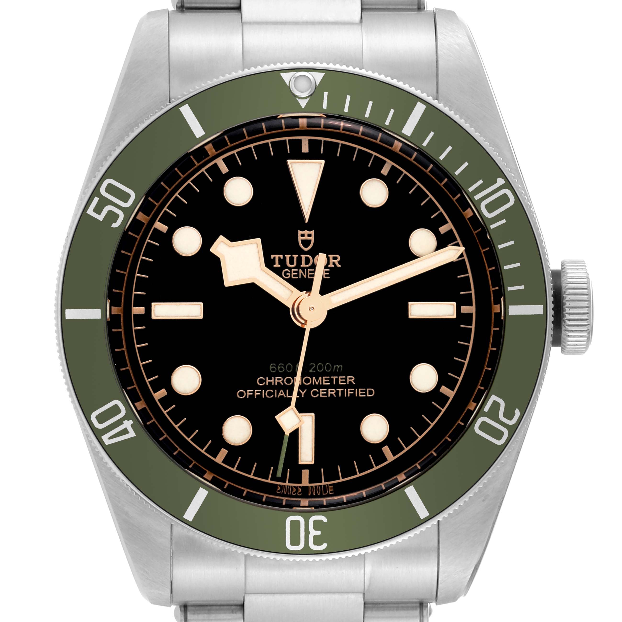 The Tudor Heritage Black Bay 79230G Men's Stainless Steel Black Dial 79230G Men's Stainless Steel Black Dial watch is shown from a front angle, highlighting its dial, bezel, and hour markers.