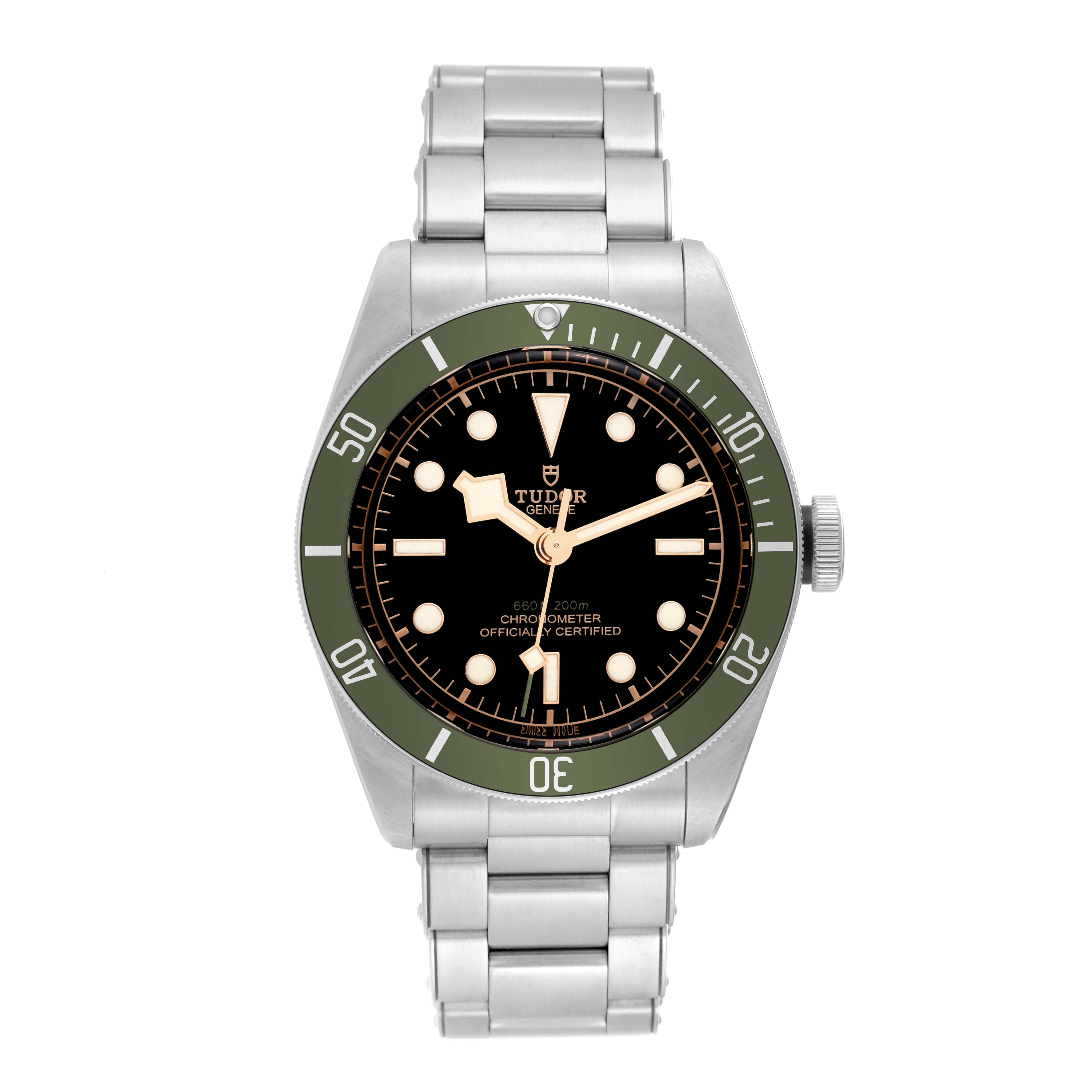 This is a front view of the Tudor Heritage Black Bay 79230G Men's Stainless Steel Black Dial 79230G Men's Stainless Steel Black Dial watch, showing the dial, bezel, and stainless steel bracelet.