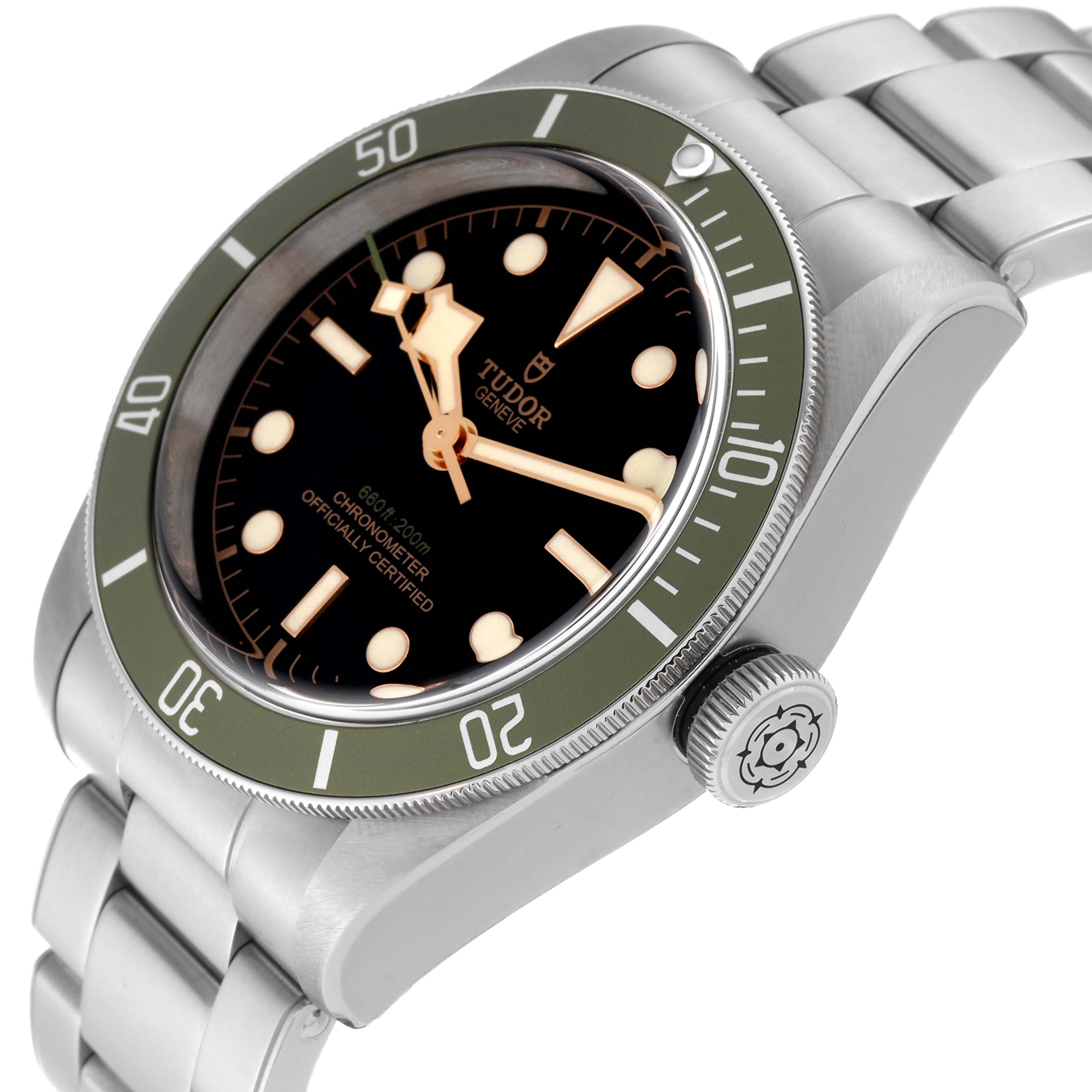 This Tudor Heritage Black Bay 79230G Men's Stainless Steel Black Dial 79230G Men's Stainless Steel Black Dial watch is shown from a front-side angle, highlighting its bezel, dial, crown, and bracelet.