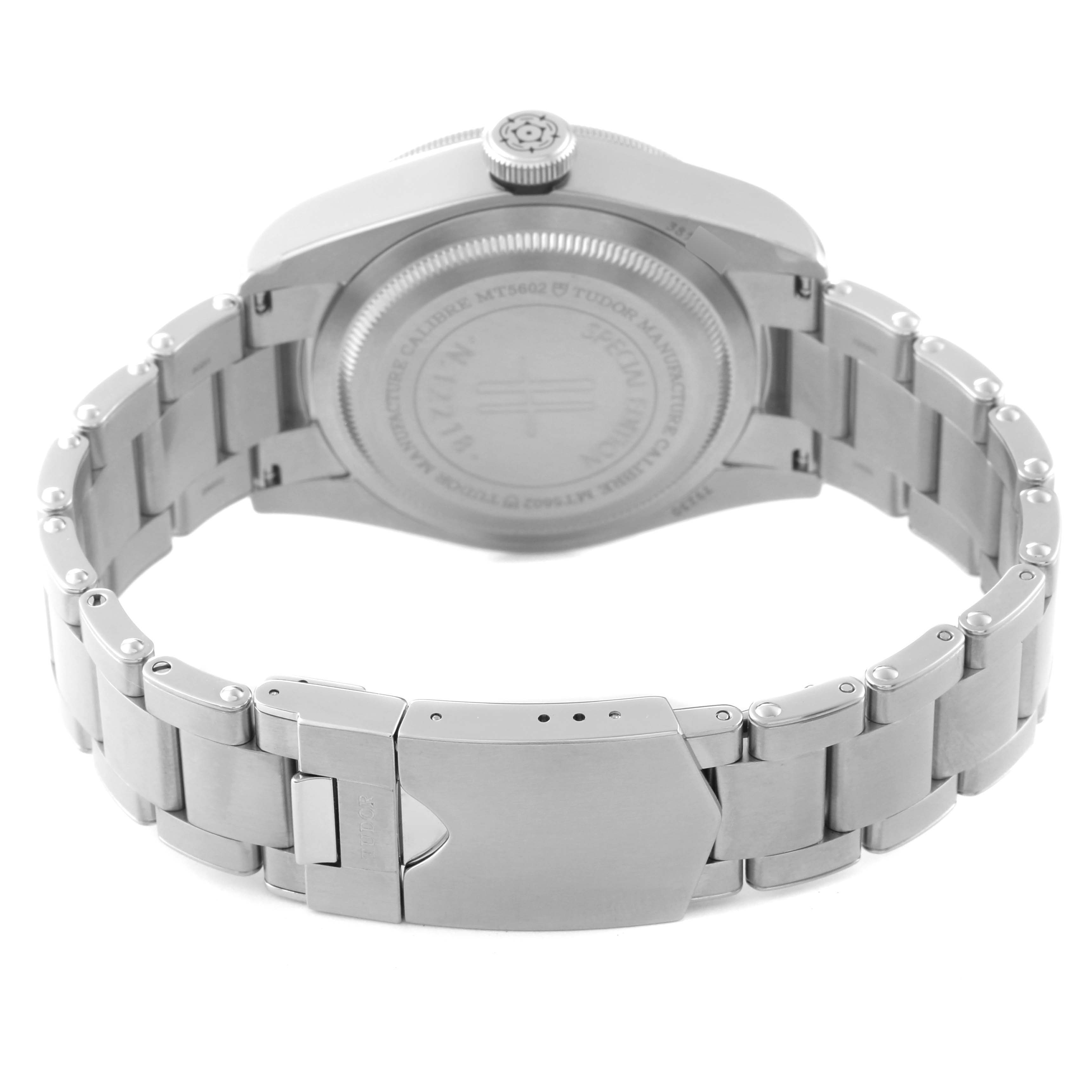 The image shows the back and bracelet of the Tudor Heritage Black Bay 79230G Men's Stainless Steel Black Dial 79230G Men's Stainless Steel Black Dial watch from a rear angle.