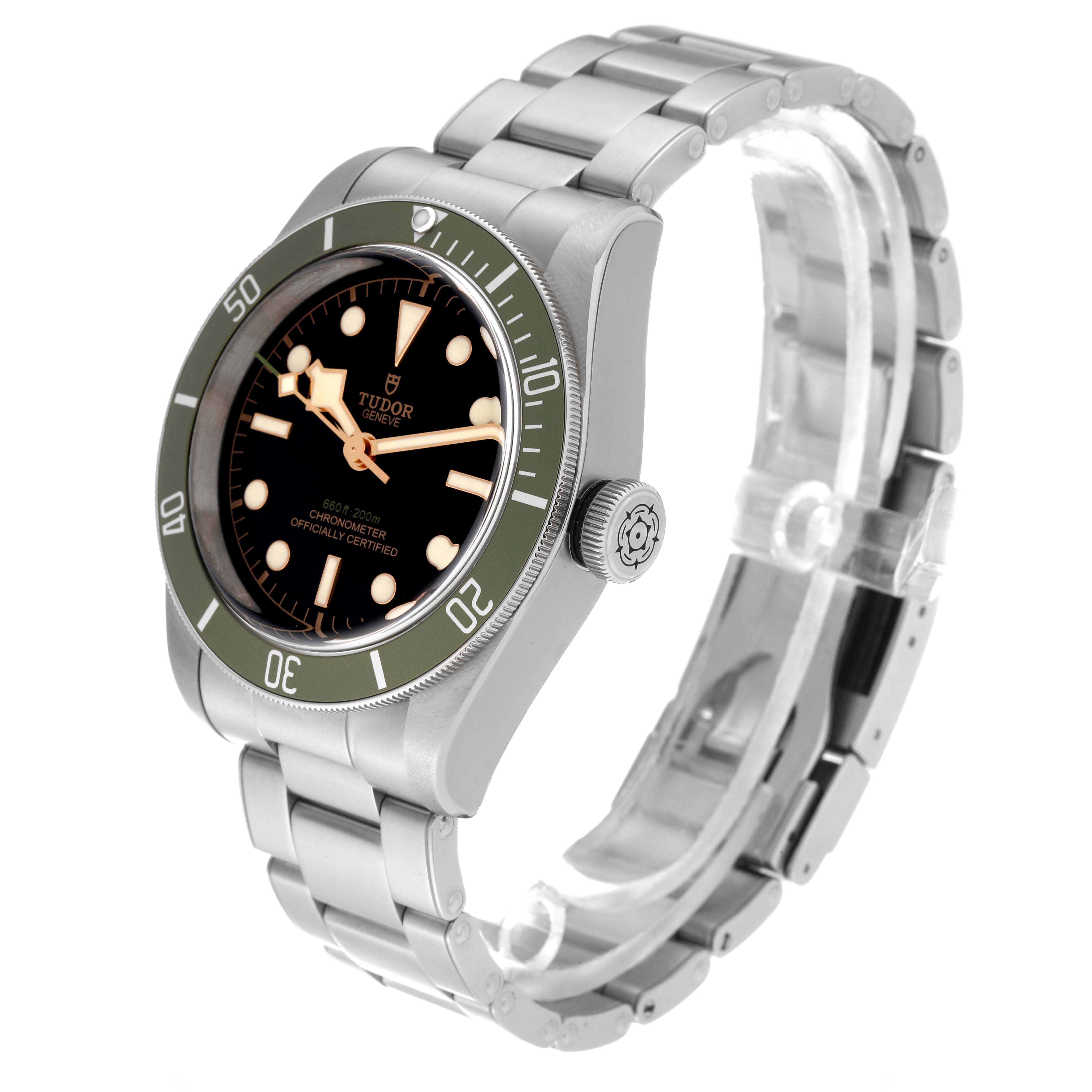 The image shows a Tudor Heritage Black Bay 79230G Men's Stainless Steel Black Dial 79230G Men's Stainless Steel Black Dial watch, angled to display the face, bezel, crown, and metal bracelet.