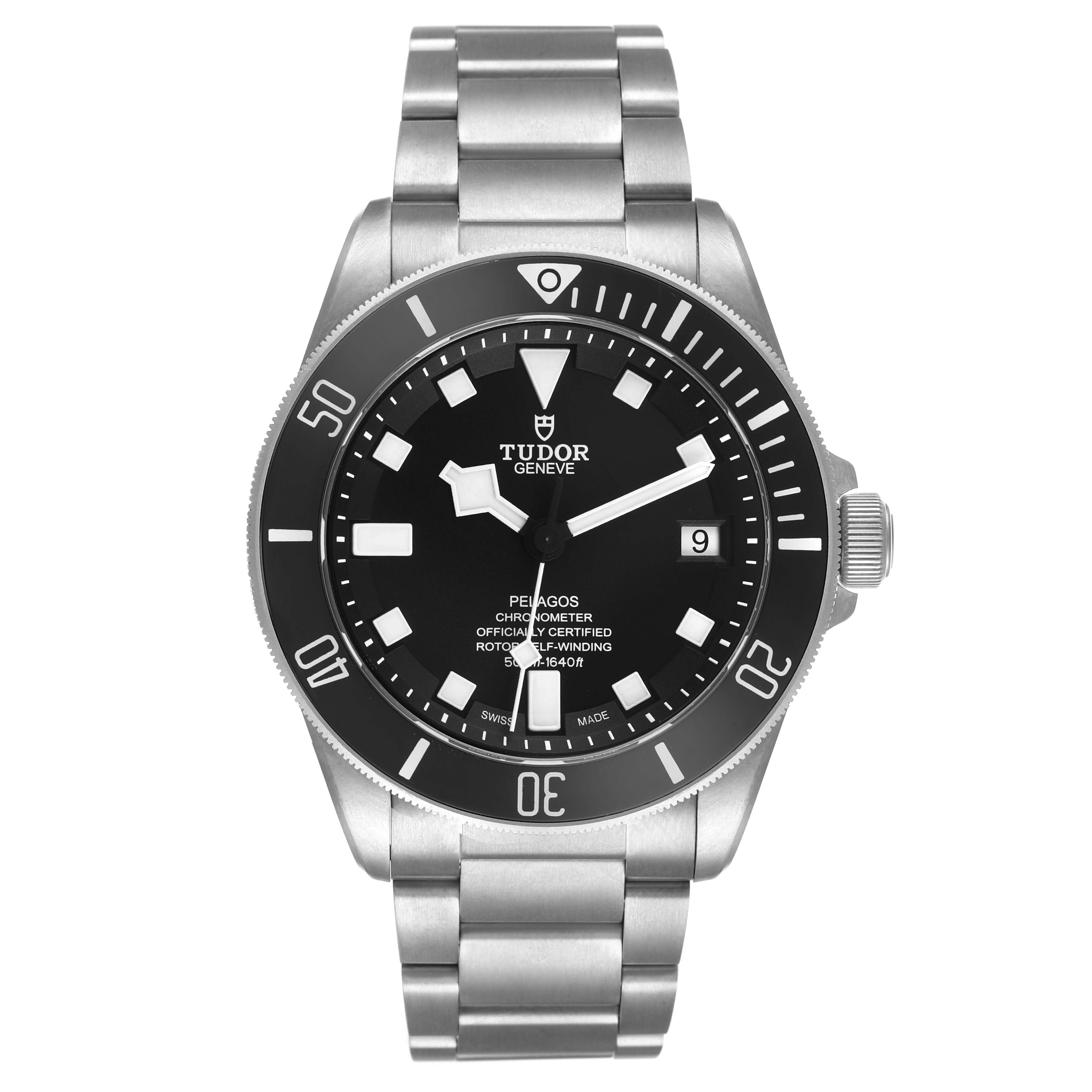 The Tudor Heritage Chrono 25600TN Men's Titanium Black Dial watch is shown from the front, highlighting the dial, bezel, case, and bracelet.