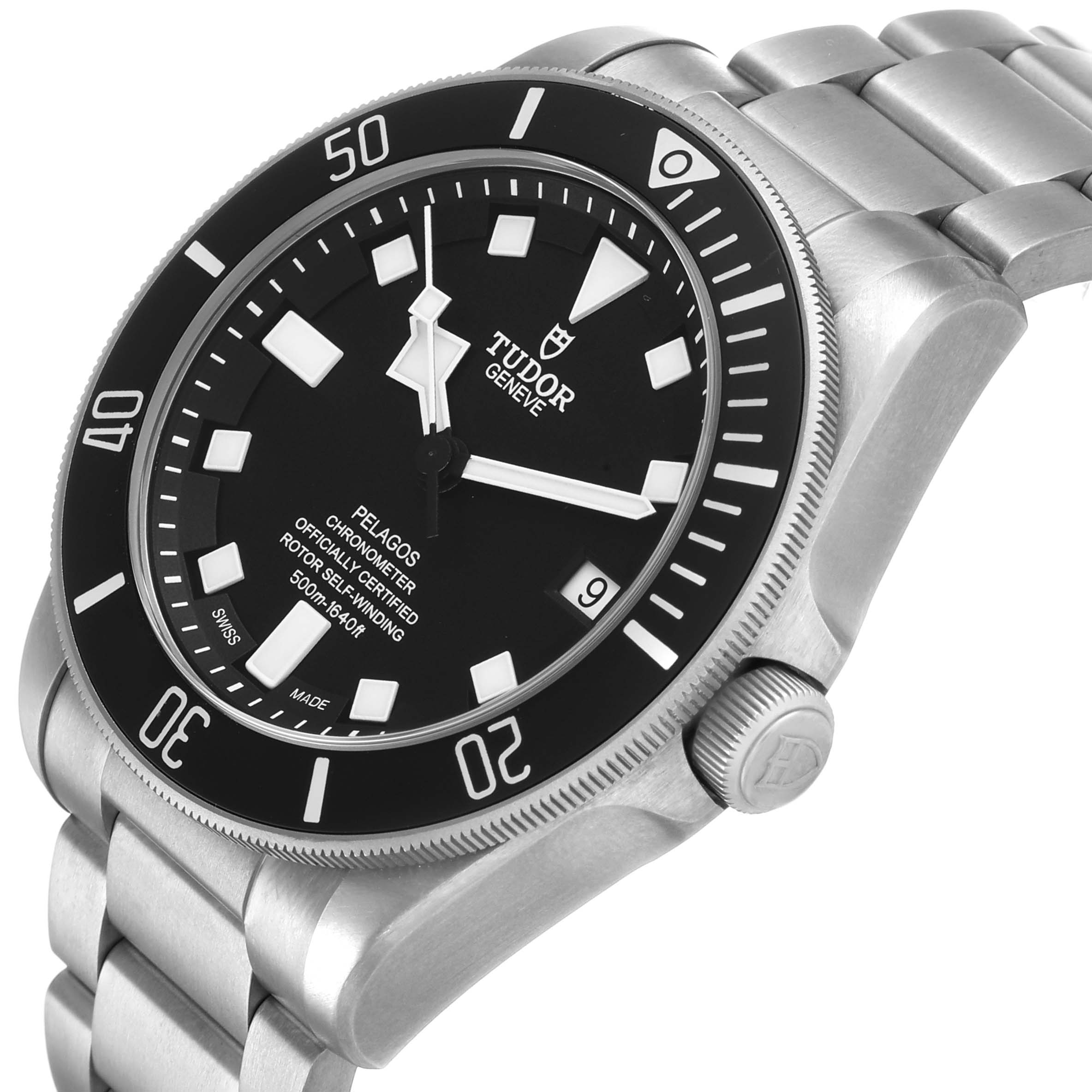 The image shows a close-up side angle of a Tudor Pelagos watch, highlighting the bezel, dial, crown, and bracelet.