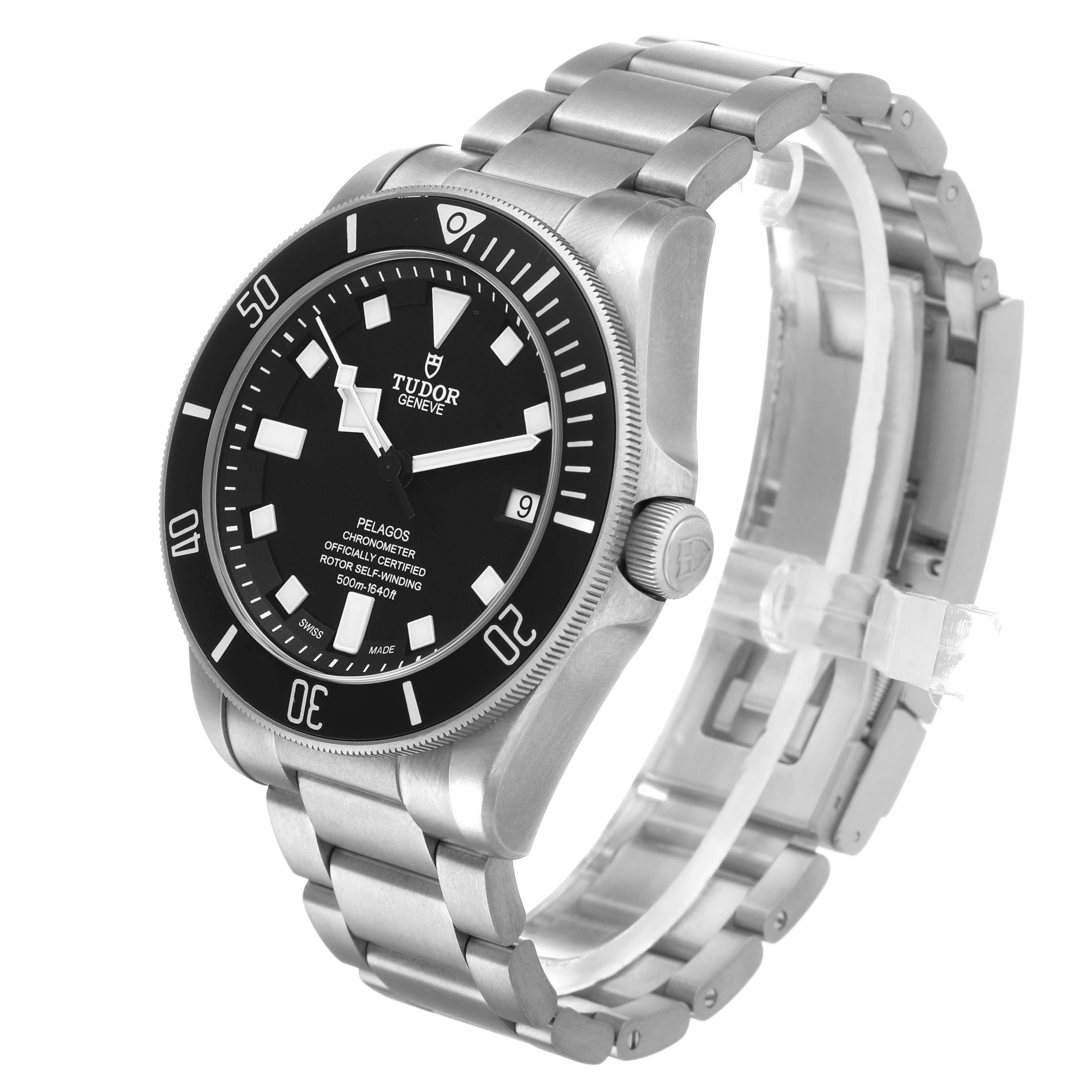 The image shows a Tudor Heritage Chrono 25600TN Men's Titanium Black Dial watch at a front-right angle, highlighting the face, bezel, and bracelet.