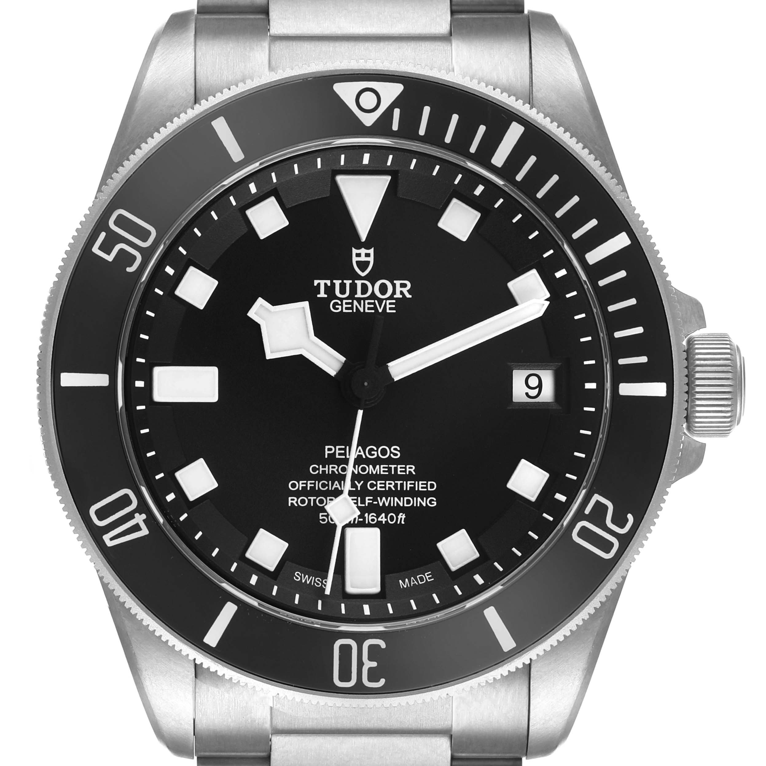 This image shows a front view of the Tudor Pelagos watch, focusing on the dial and bezel details.