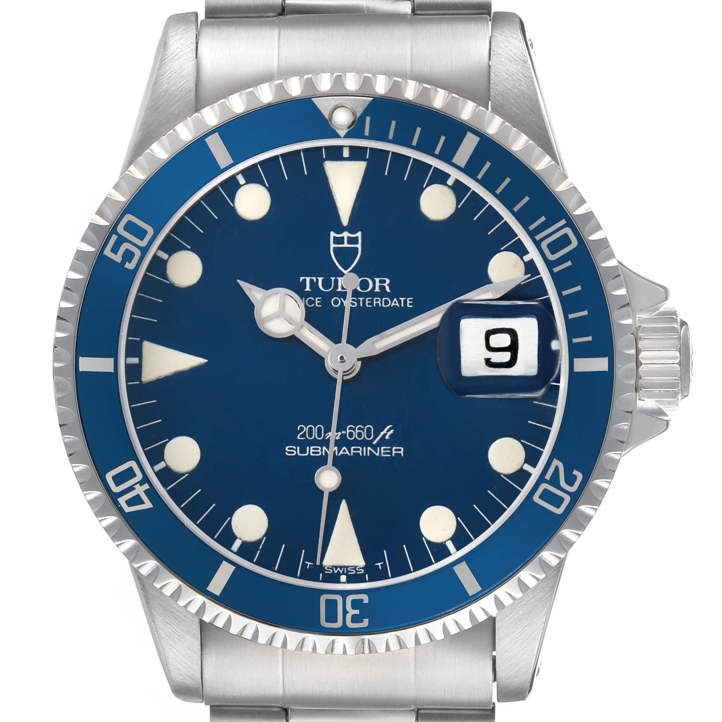 The Tudor Prince 76100 Men's Stainless Steel Blue Dial watch is shown from the front, highlighting the dial, bezel, and bracelet.