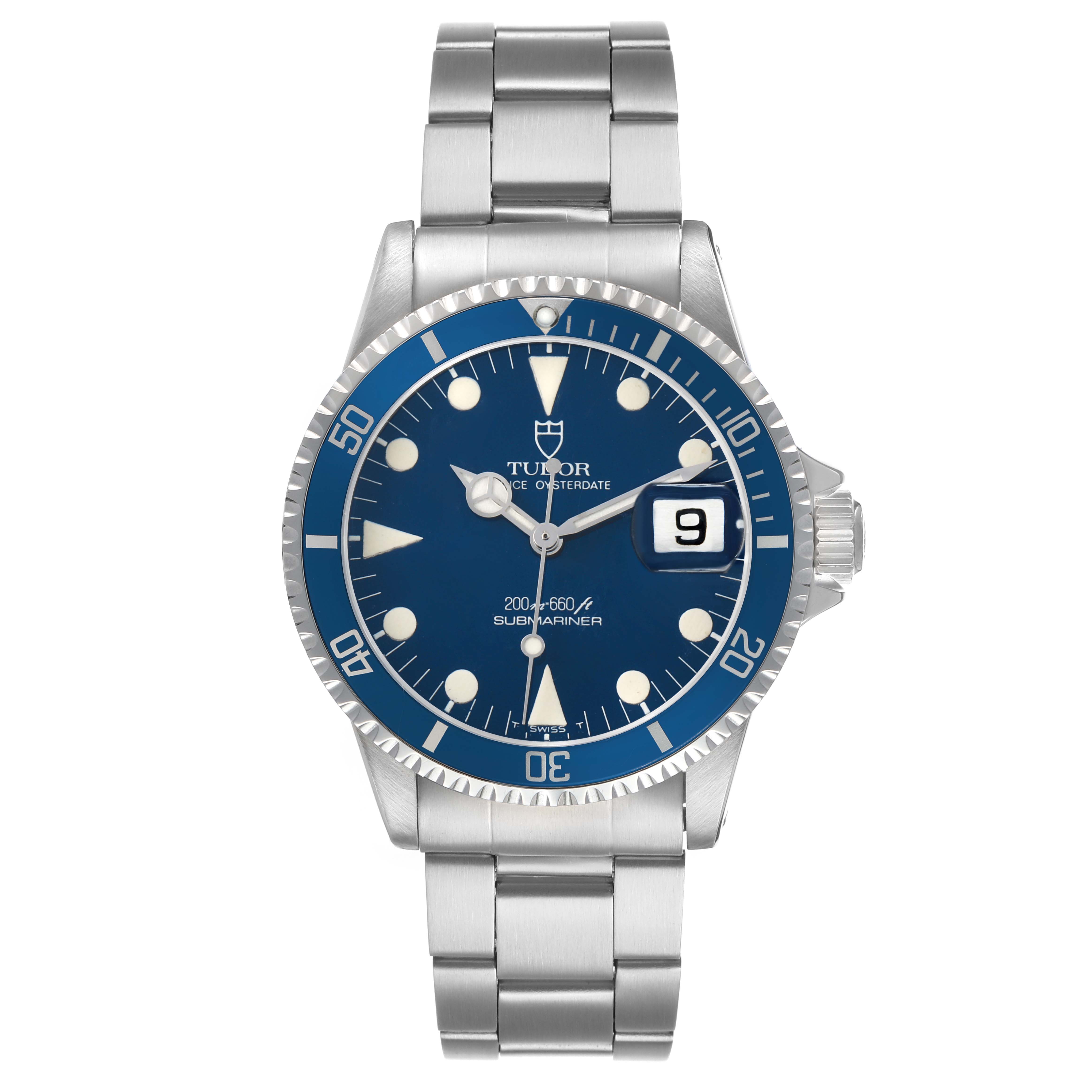 The Tudor Prince 76100 Men's Stainless Steel Blue Dial watch is shown from a front angle, featuring the blue dial, bezel, date window, and stainless steel bracelet.