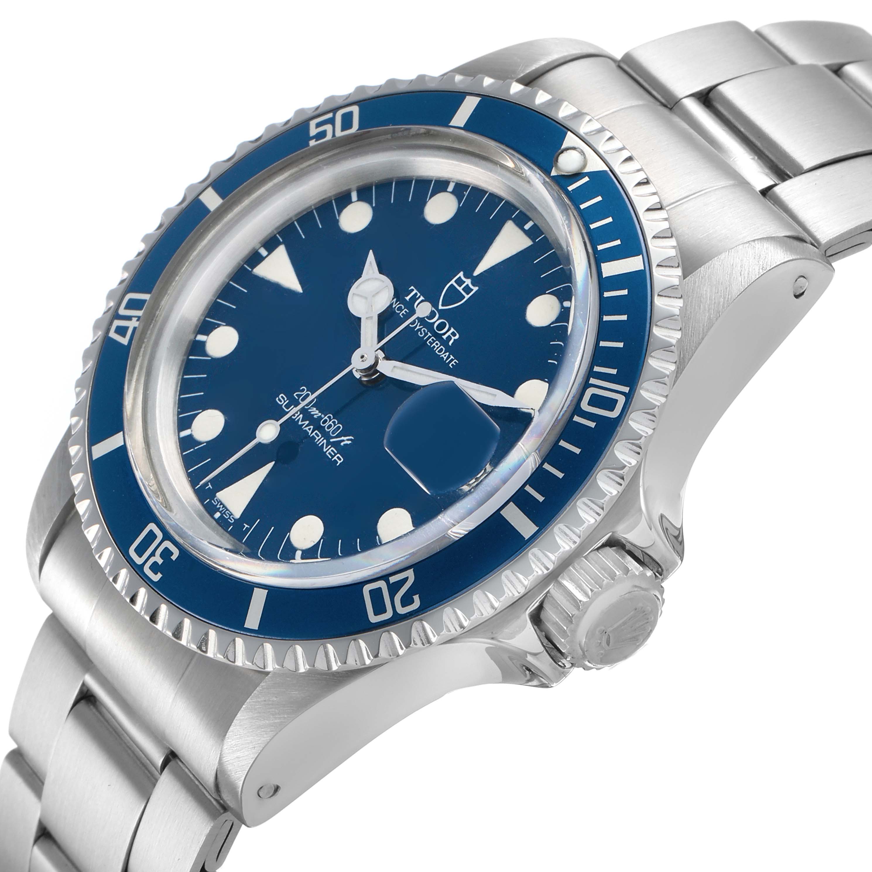 The Tudor Prince 76100 Men's Stainless Steel Blue Dial watch is shown at a three-quarter angle, highlighting the dial, bezel, bracelet, and crown.