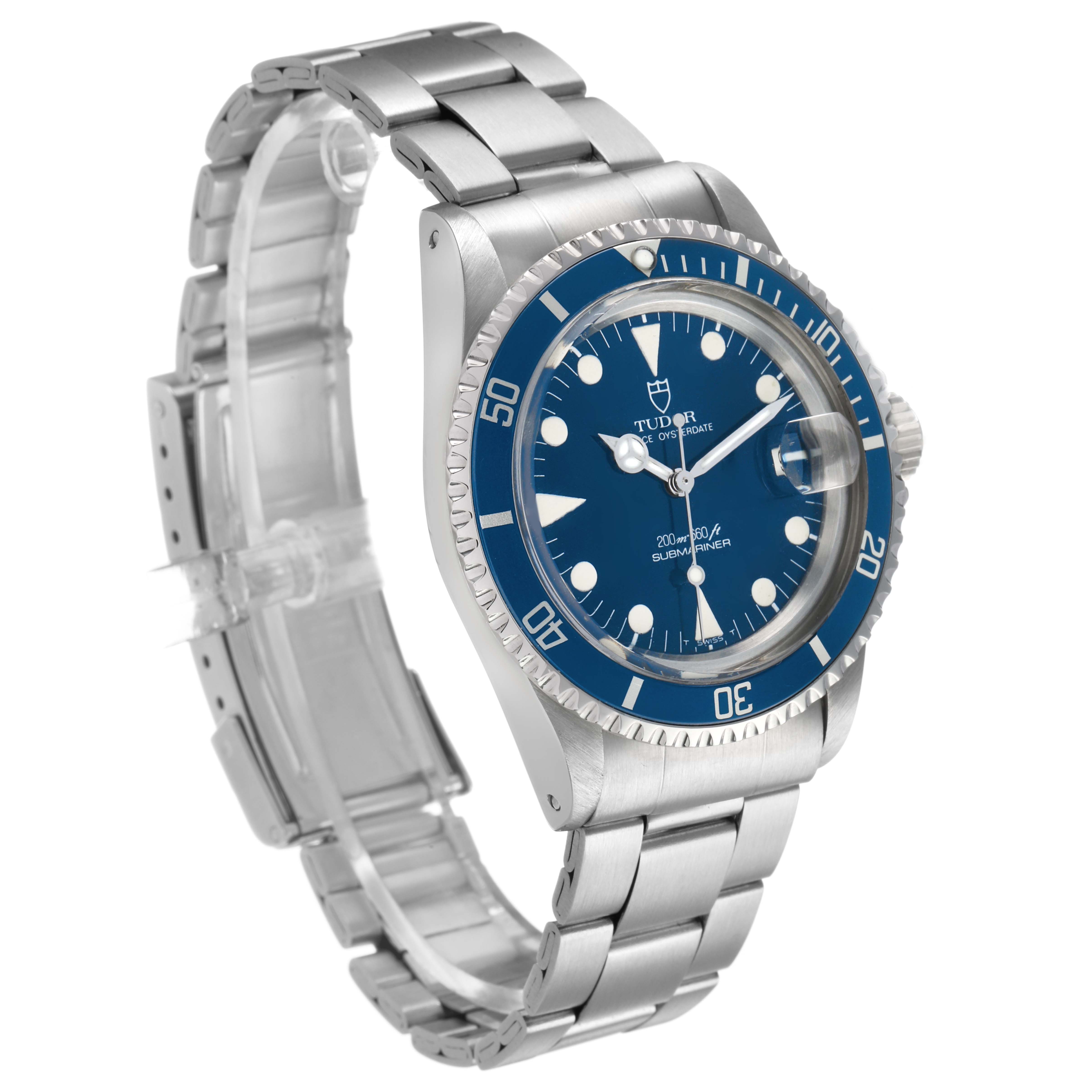 The Tudor Prince 76100 Men's Stainless Steel Blue Dial model watch is shown at a three-quarter angle, highlighting its blue dial, bezel, and stainless steel bracelet.