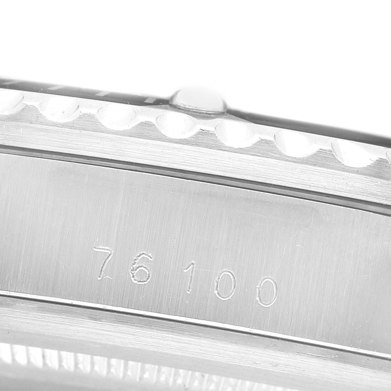 The image shows a close-up side view of the Tudor Prince 76100 Men's Stainless Steel Blue Dial model, highlighting the case and bezel with the serial number "76100."