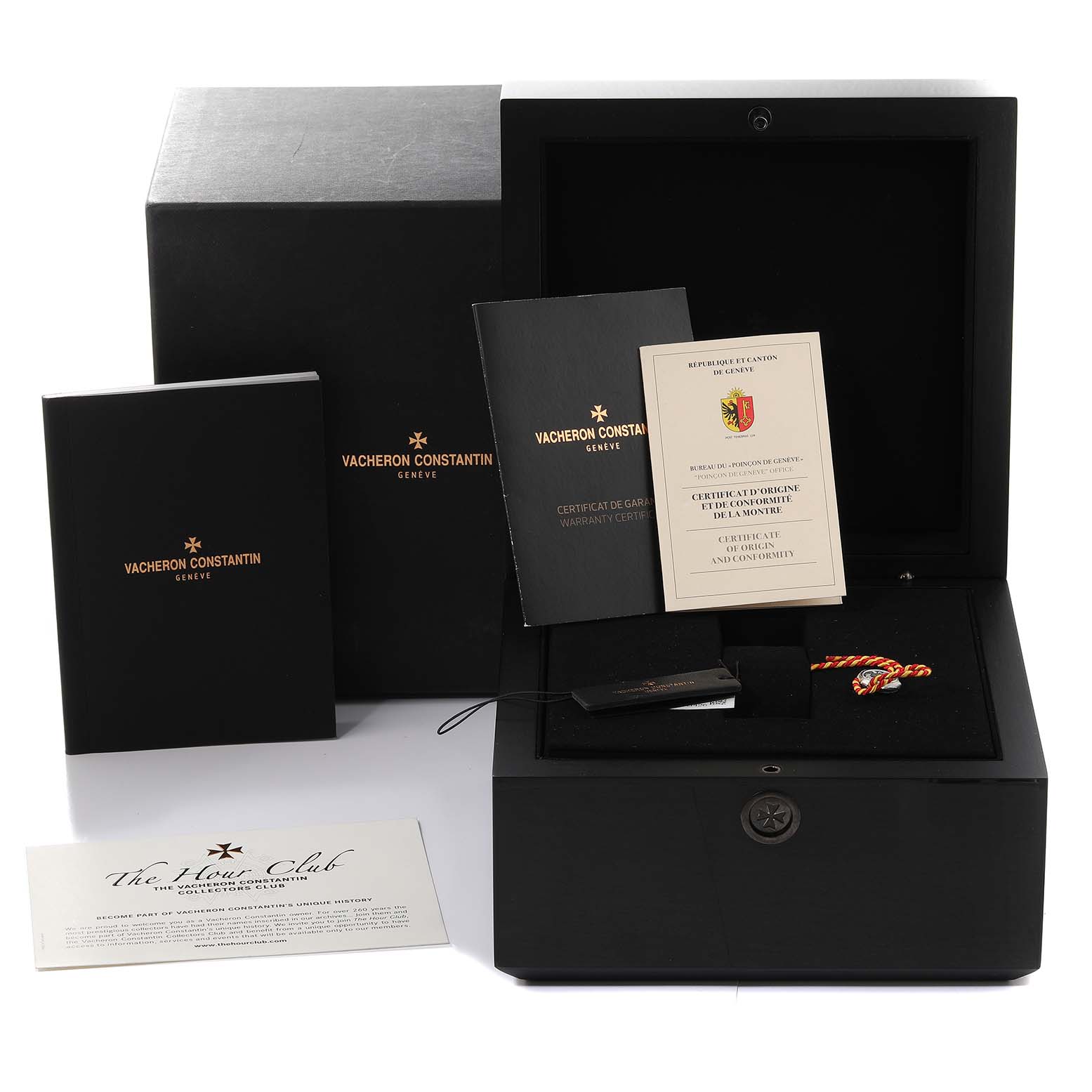 The image shows the packaging and accessories for a Vacheron Constantin Historiques 3110V/000A-B426 Men's Stainless Steel Beige Dial 3110V/000A-B426 Men's Stainless Steel Beige Dial watch, including the box, manuals, and certificates.