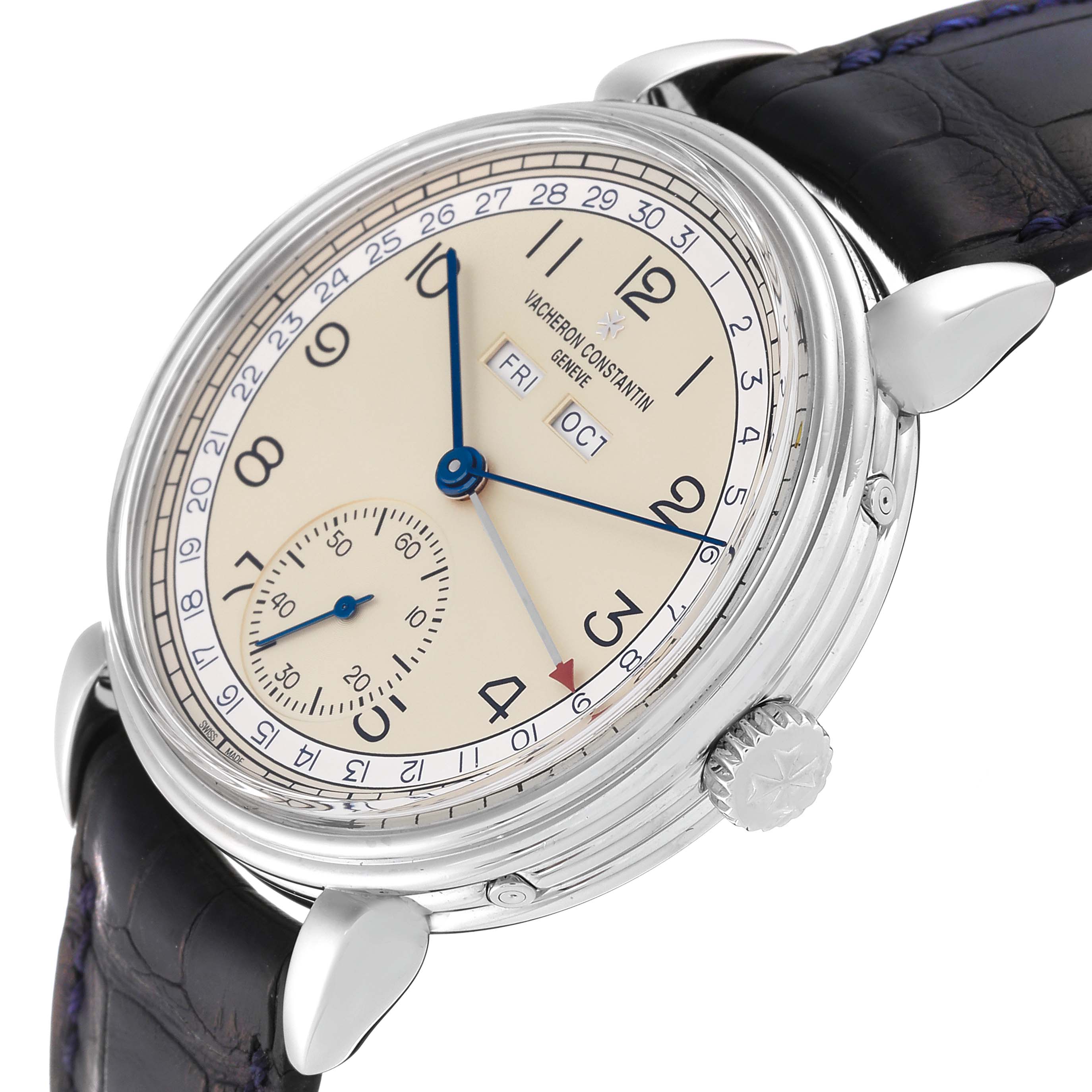 The image shows a Vacheron Constantin Historiques 3110V/000A-B426 Men's Stainless Steel Beige Dial 3110V/000A-B426 Men's Stainless Steel Beige Dial model watch from an angled view, highlighting the dial, case, crown, and leather strap.