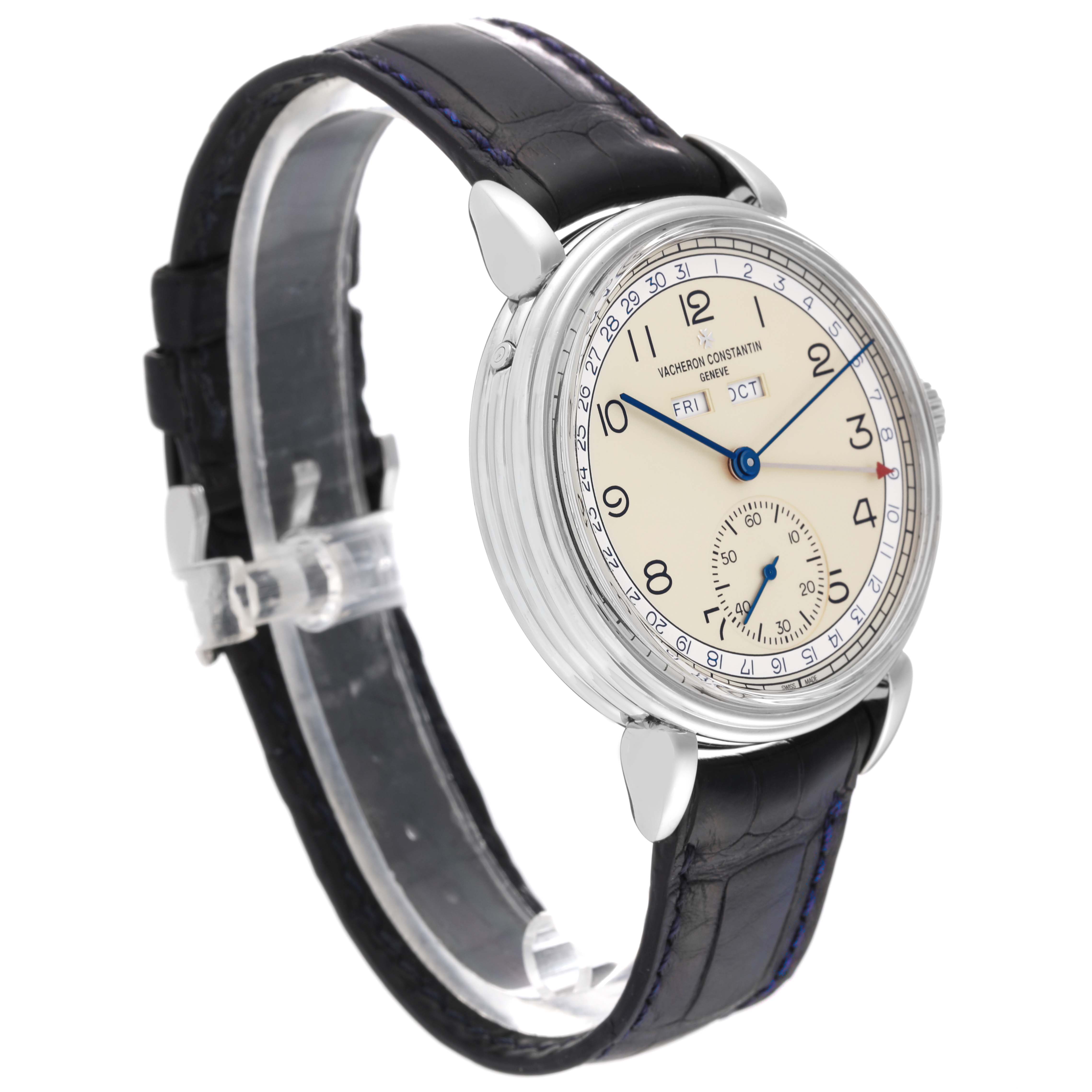 This image shows a Vacheron Constantin Historiques 3110V/000A-B426 Men's Stainless Steel Beige Dial 3110V/000A-B426 Men's Stainless Steel Beige Dial model watch at a front-angle view, highlighting the face and leather strap.