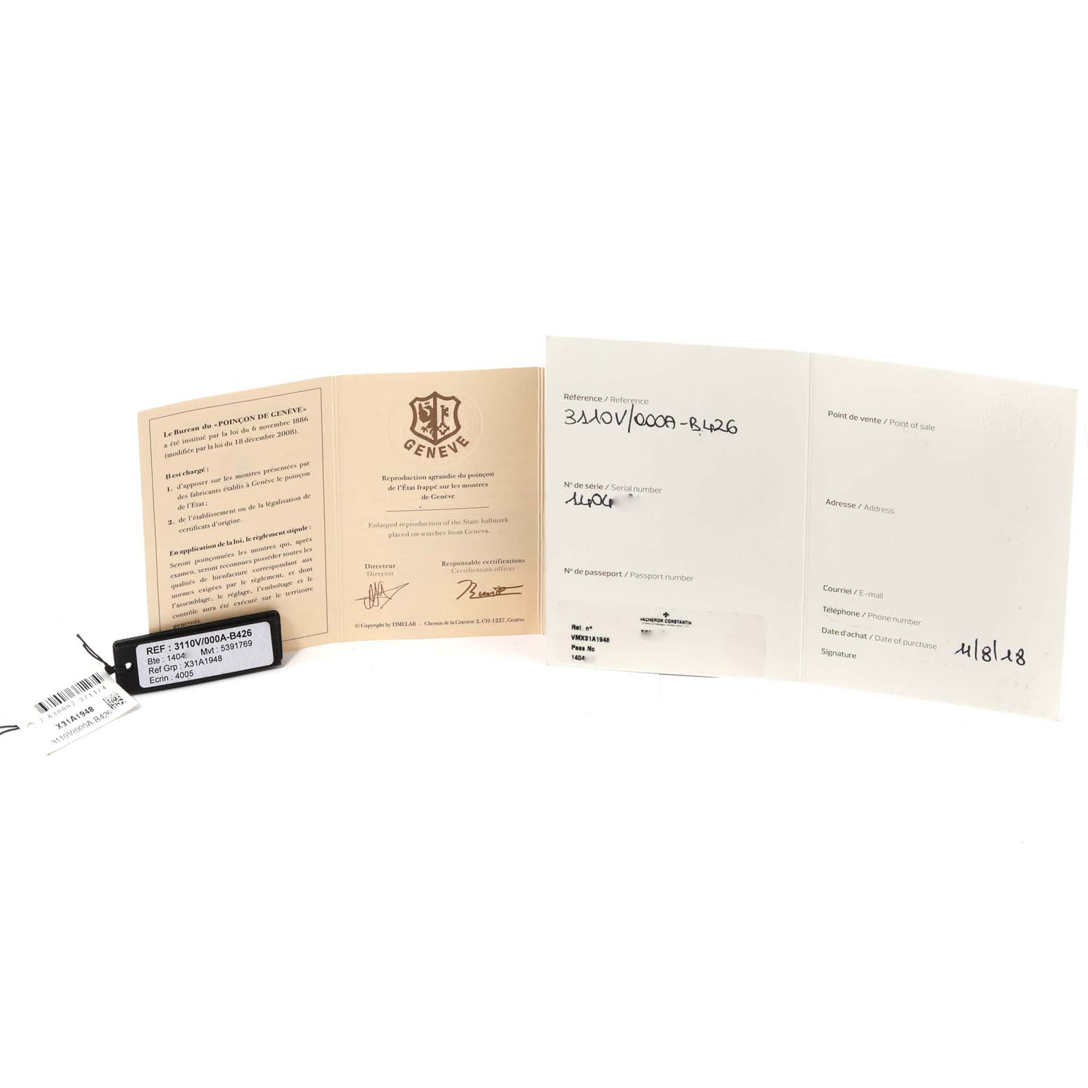 The image shows the certification papers and tags for the Vacheron Constantin Historiques 3110V/000A-B426 Men's Stainless Steel Beige Dial 3110V/000A-B426 Men's Stainless Steel Beige Dial model watch.