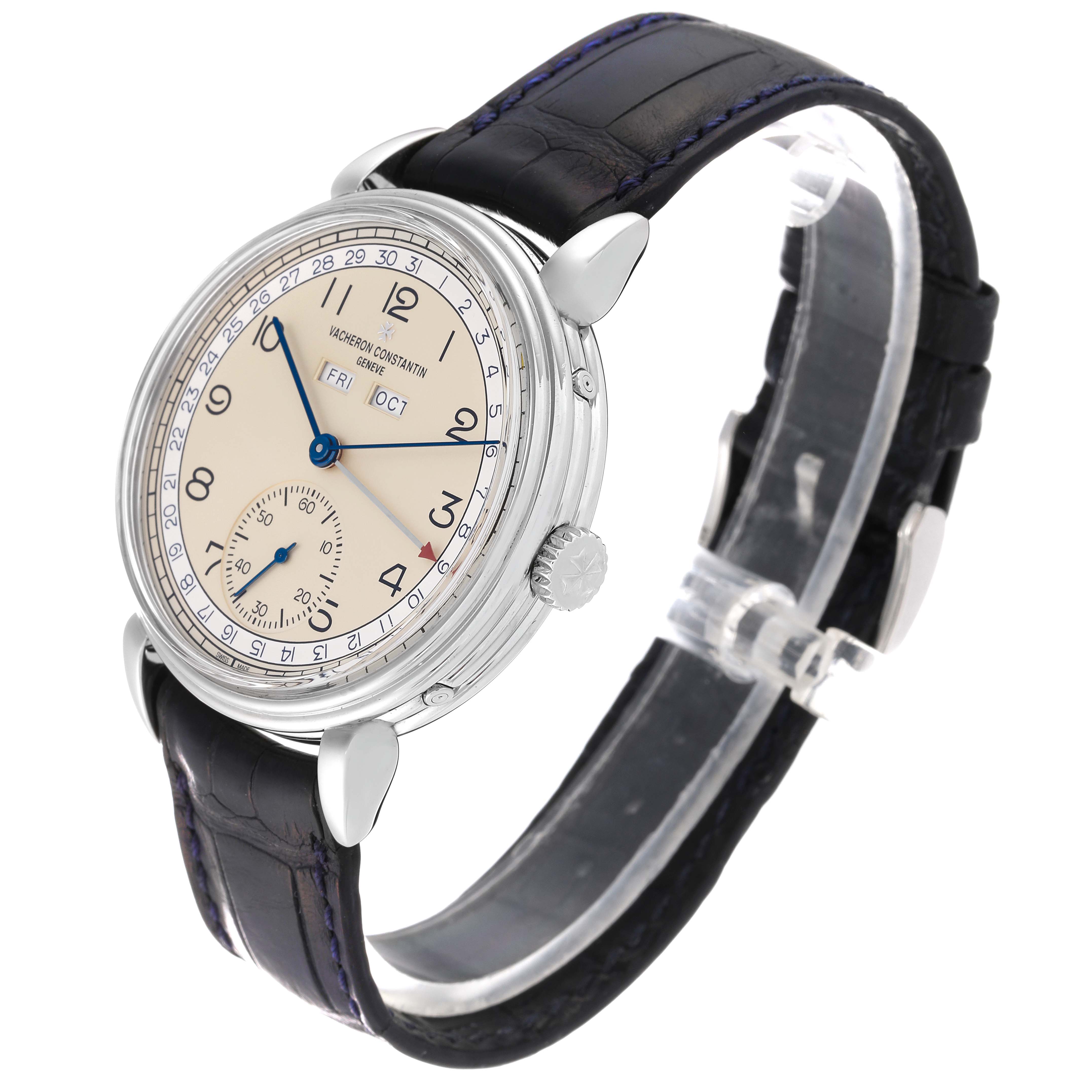 The Vacheron Constantin Historiques 3110V/000A-B426 Men's Stainless Steel Beige Dial 3110V/000A-B426 Men's Stainless Steel Beige Dial watch is shown from a three-quarter angle, displaying the face, crown, and leather strap.