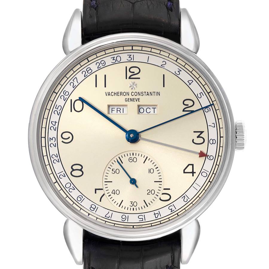 This Vacheron Constantin Historiques model watch is shown from a top-down angle, highlighting the dial, hands, and date display.