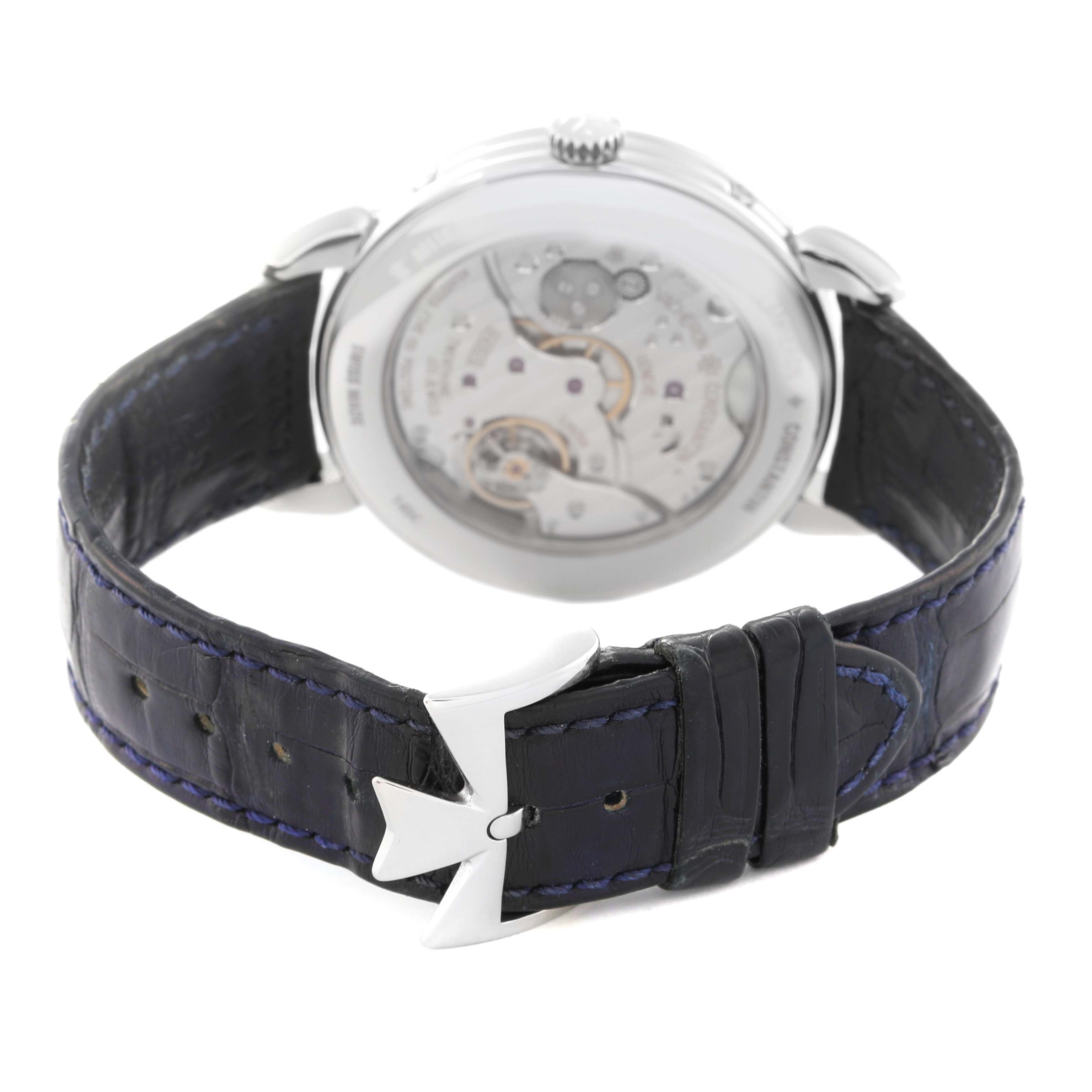 The image shows the back view of the Historiques model by Vacheron Constantin, highlighting its leather strap and visible mechanism.