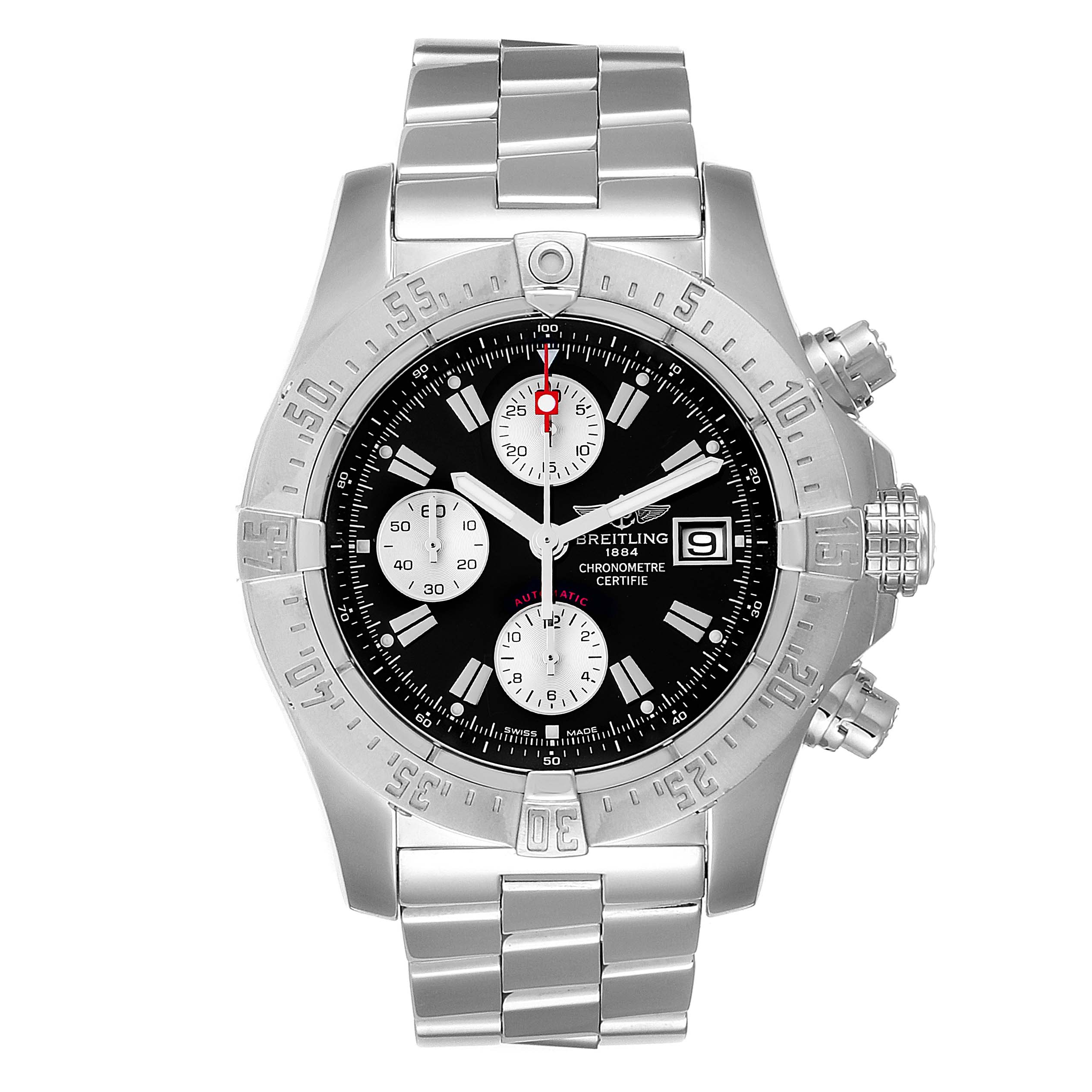 This image shows a front view of the Breitling Avenger A13381 Men's Stainless Steel Black Dial A13381 Men's Stainless Steel Black Dial watch, highlighting the dial, bezel, chronograph subdials, and stainless steel bracelet.