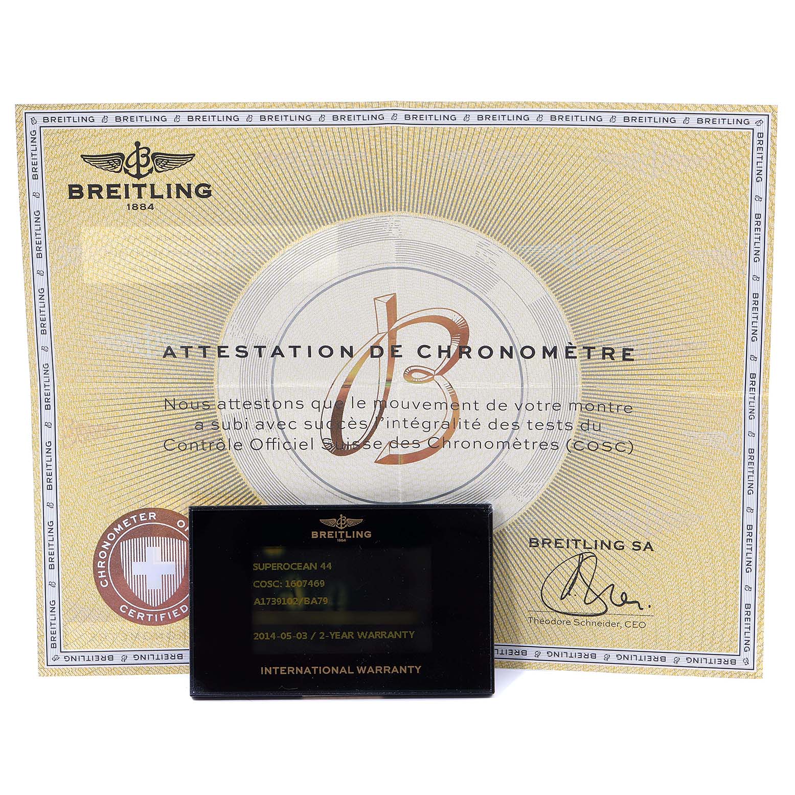The image shows the certification and warranty card for the Breitling Superocean A17391 Men's Stainless Steel Black Dial A17391 Men's Stainless Steel Black Dial model, displayed from the front.