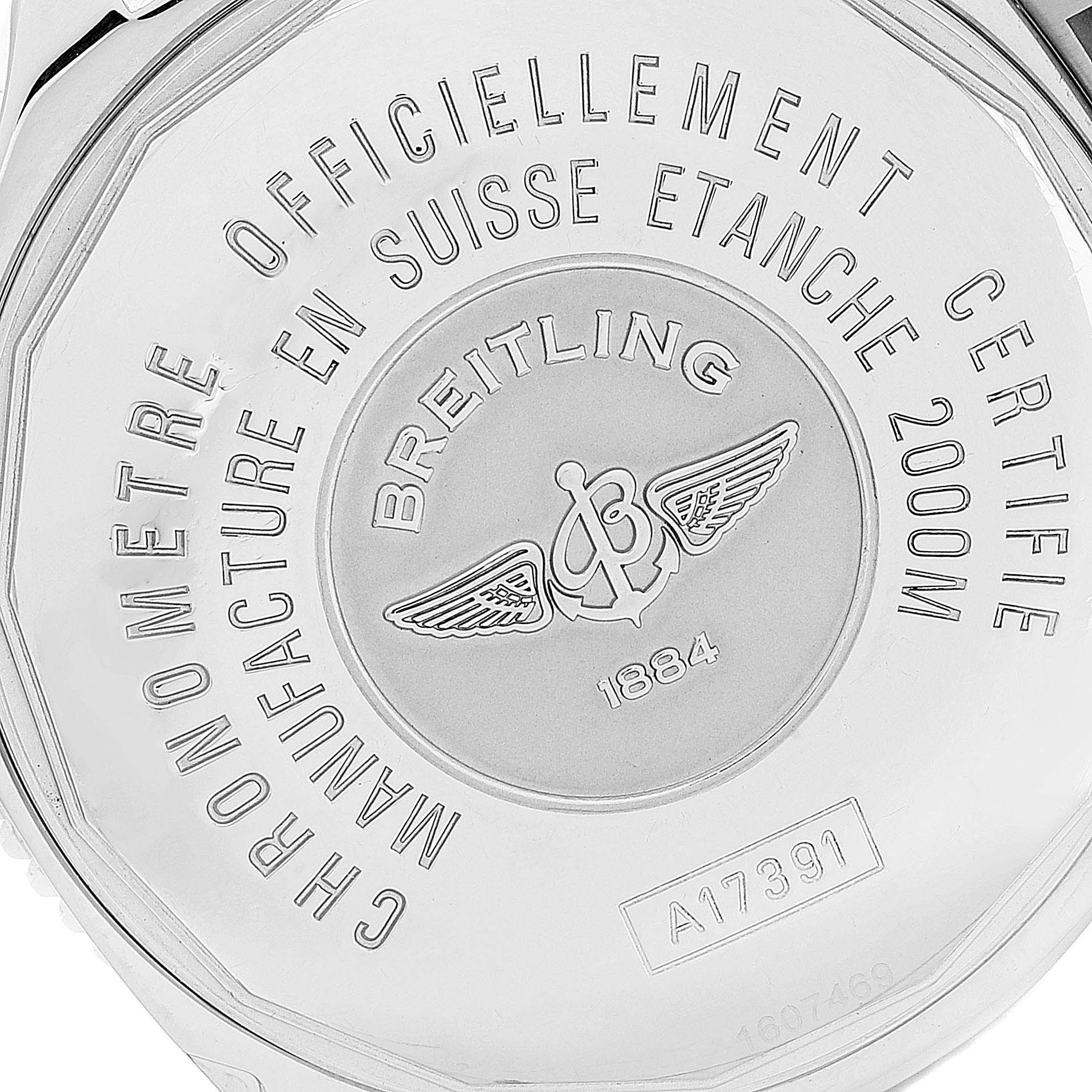 The image shows the back case of a Breitling Superocean A17391 Men's Stainless Steel Black Dial A17391 Men's Stainless Steel Black Dial watch, highlighting engravings and certification details.