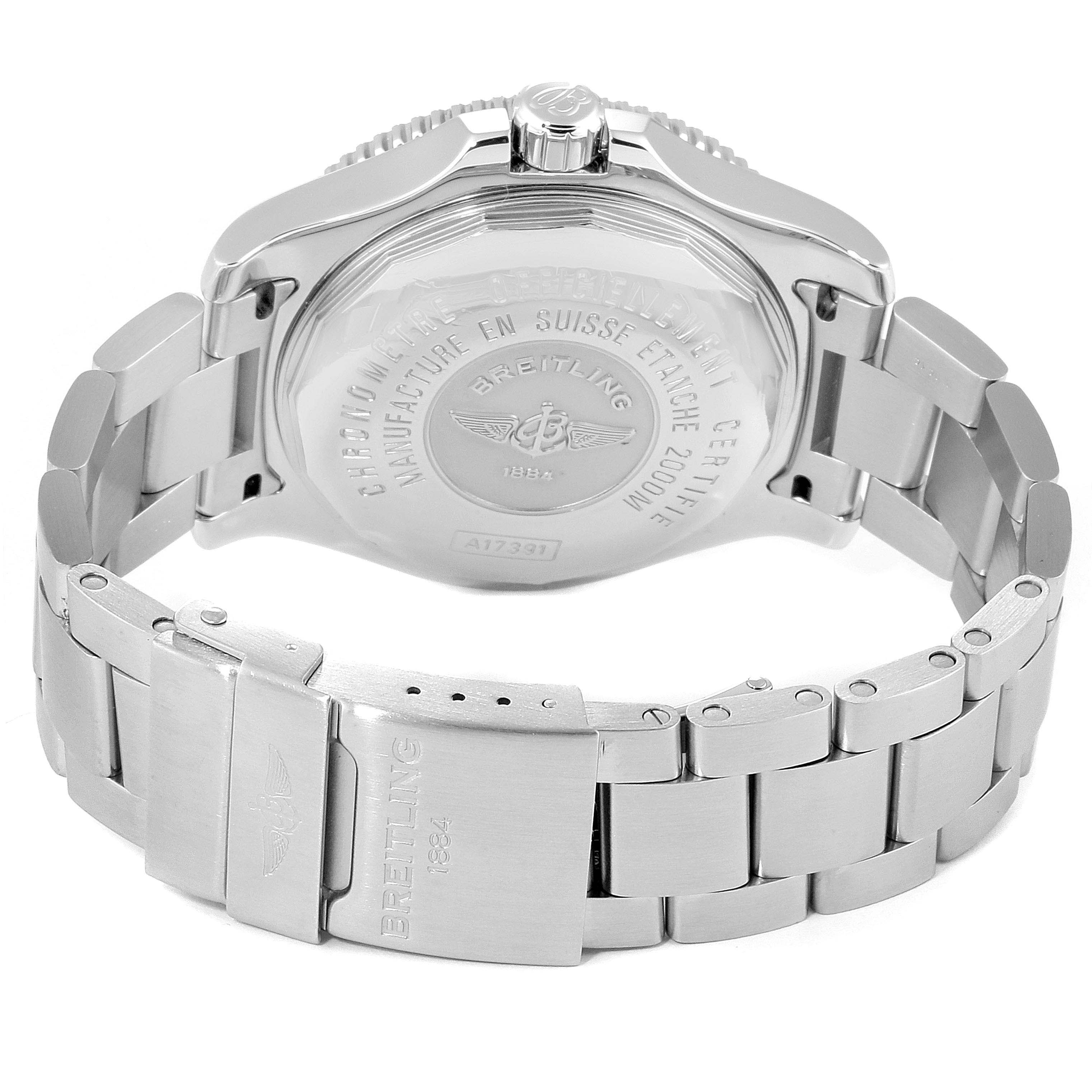 The image shows the back case and bracelet of a Breitling Superocean A17391 Men's Stainless Steel Black Dial A17391 Men's Stainless Steel Black Dial watch at a slightly angled rear view.