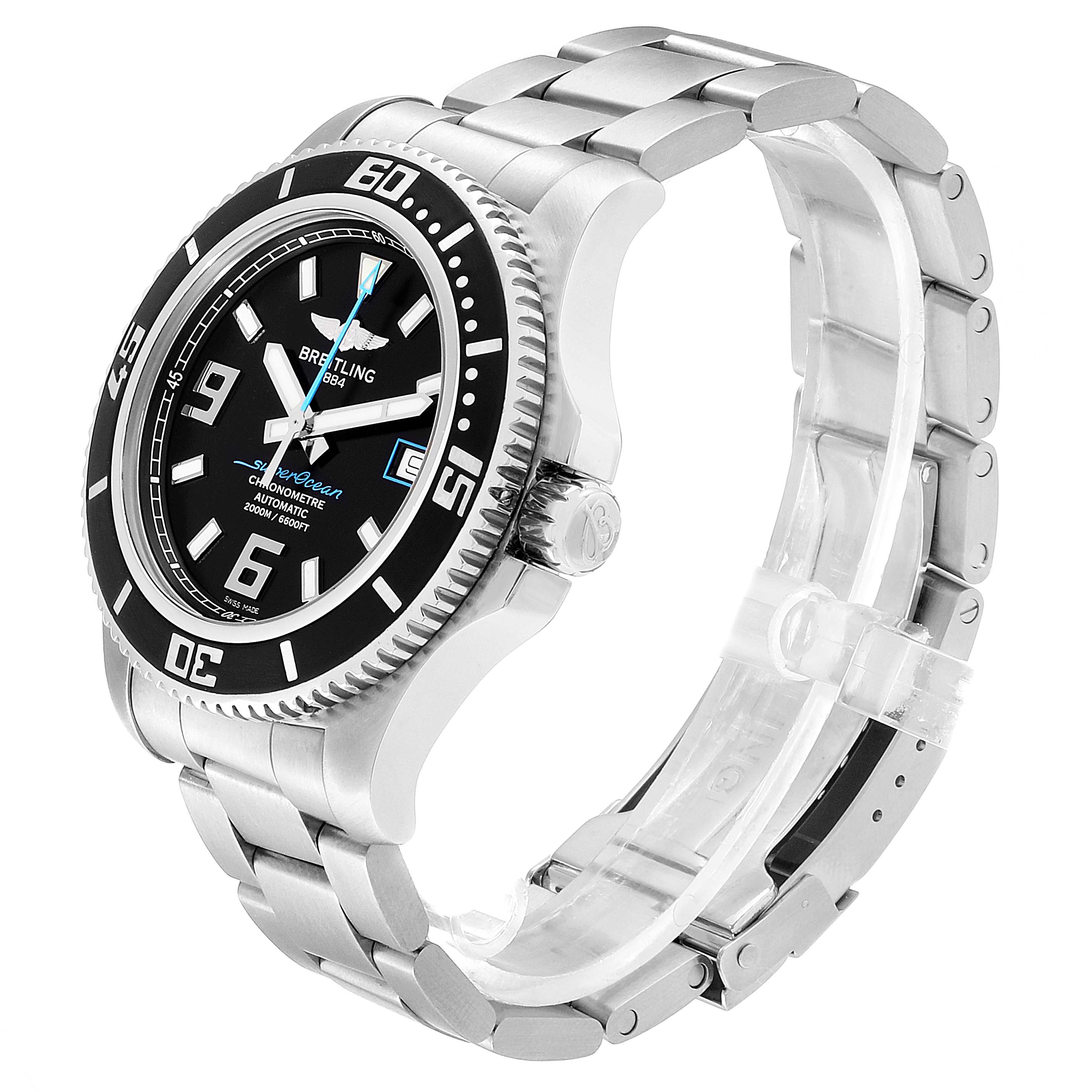 The Breitling Superocean A17391 Men's Stainless Steel Black Dial A17391 Men's Stainless Steel Black Dial watch is shown at a three-quarter angle, displaying its dial, bezel, crown, and metal bracelet.