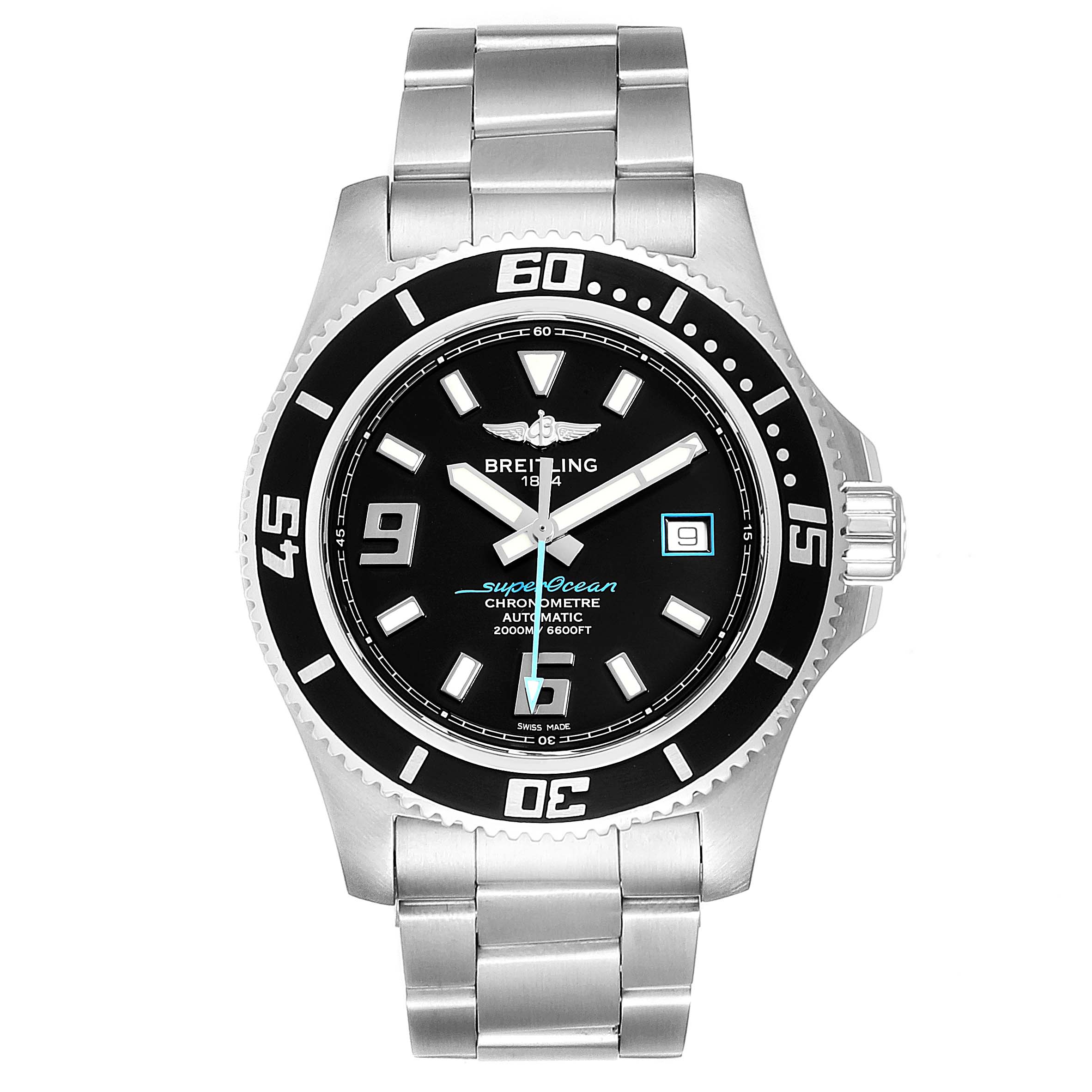 The image shows a front view of a Breitling Superocean A17391 Men's Stainless Steel Black Dial A17391 Men's Stainless Steel Black Dial watch, displaying its dial, bezel, and metal bracelet.