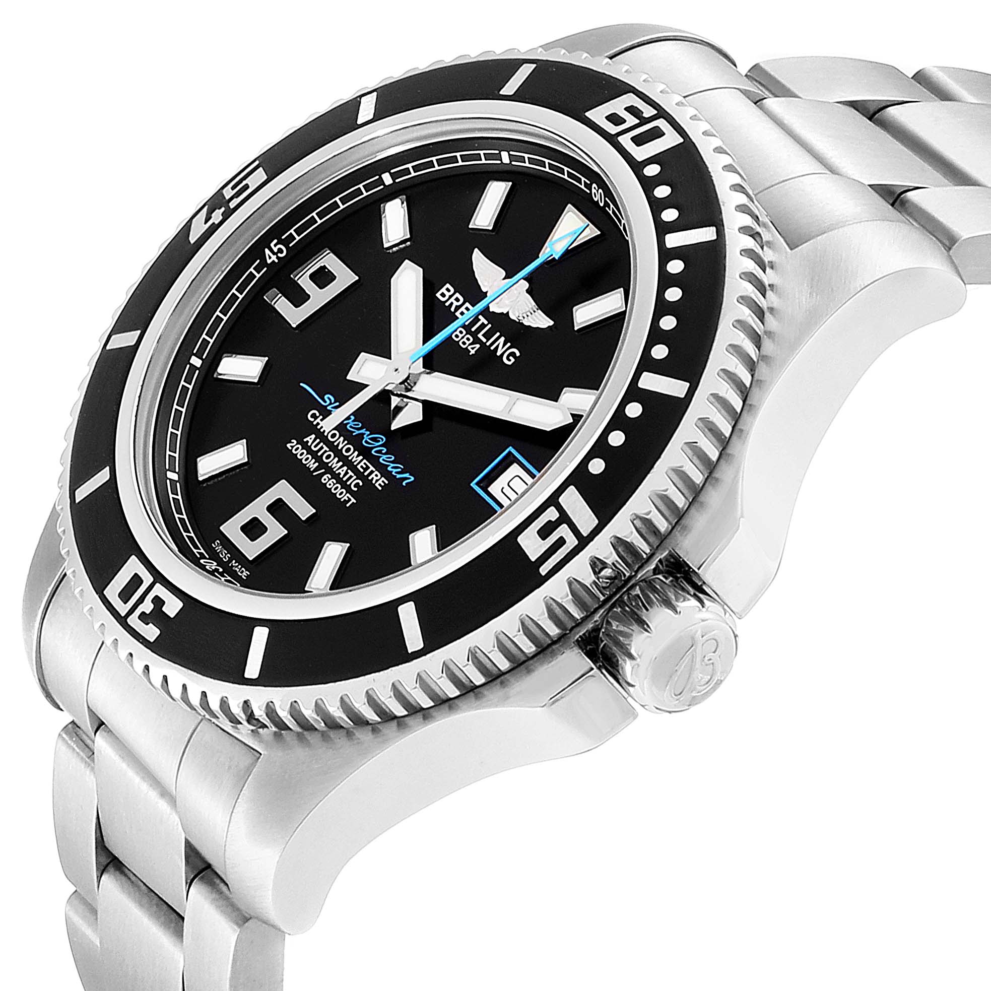 The image shows a side view angle of the Breitling Superocean A17391 Men's Stainless Steel Black Dial A17391 Men's Stainless Steel Black Dial watch, highlighting the bezel, case, dial, and crown.