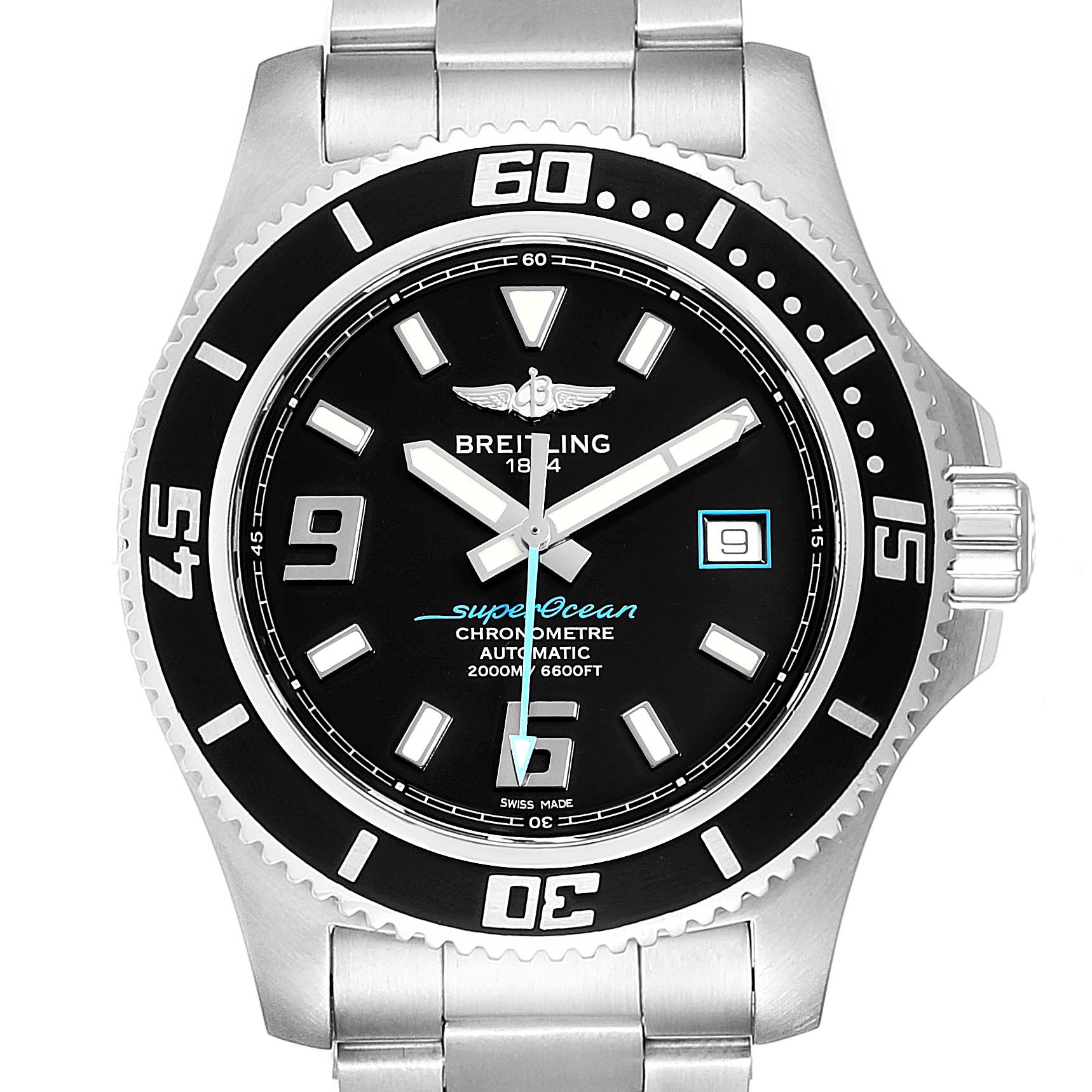 This image shows a front view of the Breitling Superocean A17391 Men's Stainless Steel Black Dial A17391 Men's Stainless Steel Black Dial watch displaying its dial, bezel, and part of the stainless steel bracelet.