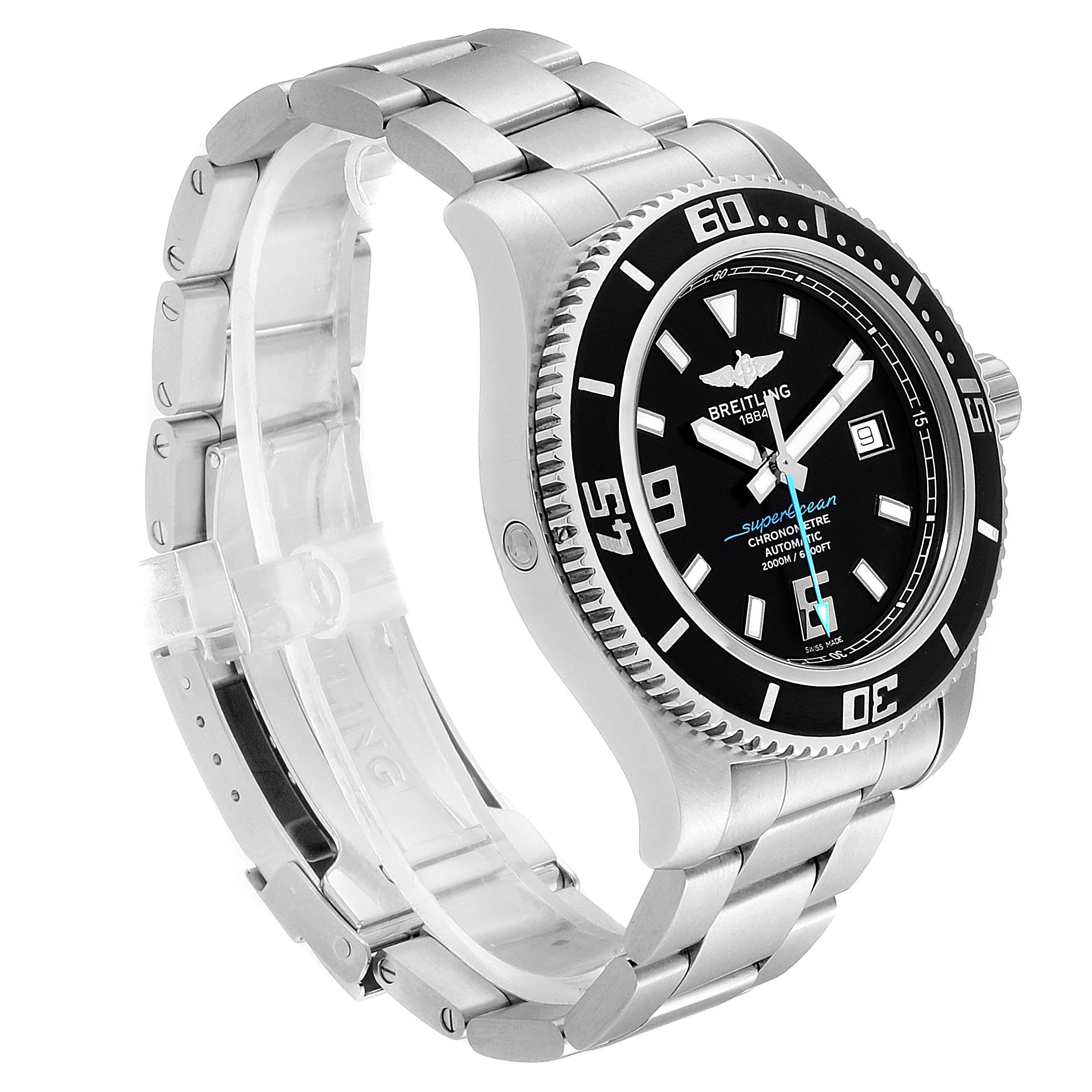 This image shows a Breitling Superocean A17391 Men's Stainless Steel Black Dial A17391 Men's Stainless Steel Black Dial watch at an oblique angle, displaying its face, bezel, case, and bracelet.