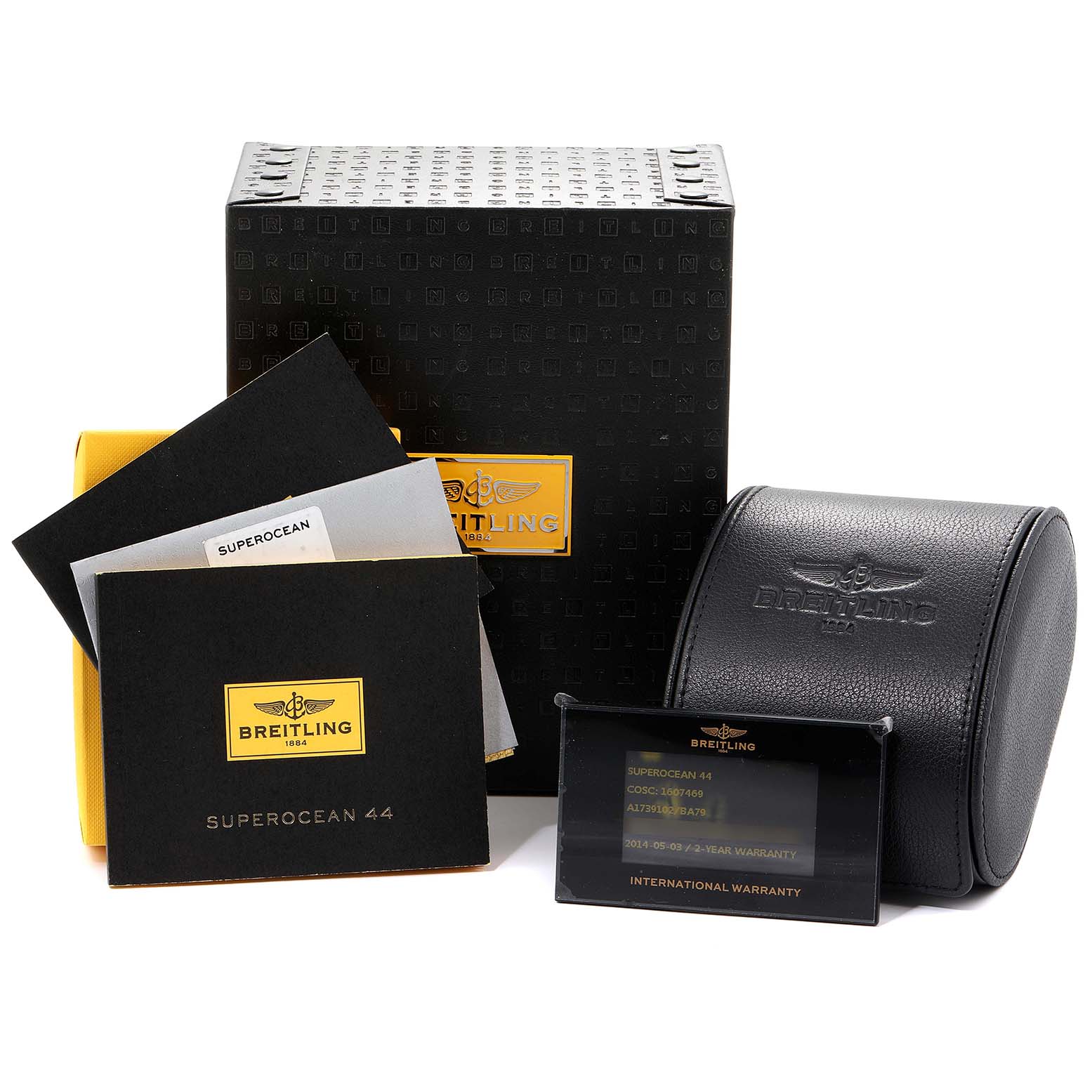 The image shows the box, warranty card, manual, and leather watch case for the Breitling Superocean A17391 Men's Stainless Steel Black Dial A17391 Men's Stainless Steel Black Dial model.