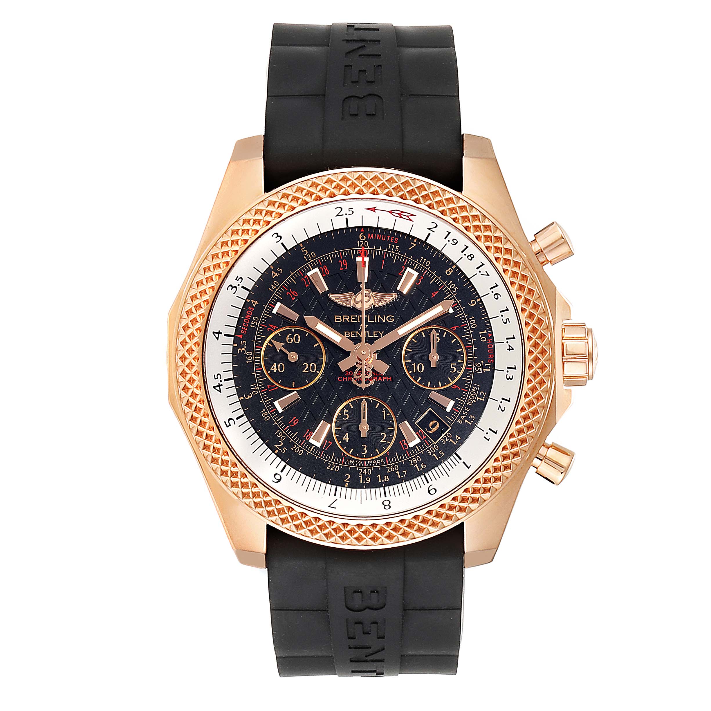 The Breitling Bentley RB061221/BE24-743P Men's Rose Gold Black Dial RB061221/BE24-743P Men's Rose Gold Black Dial model watch is shown in a frontal view, displaying the face, strap, and side buttons.