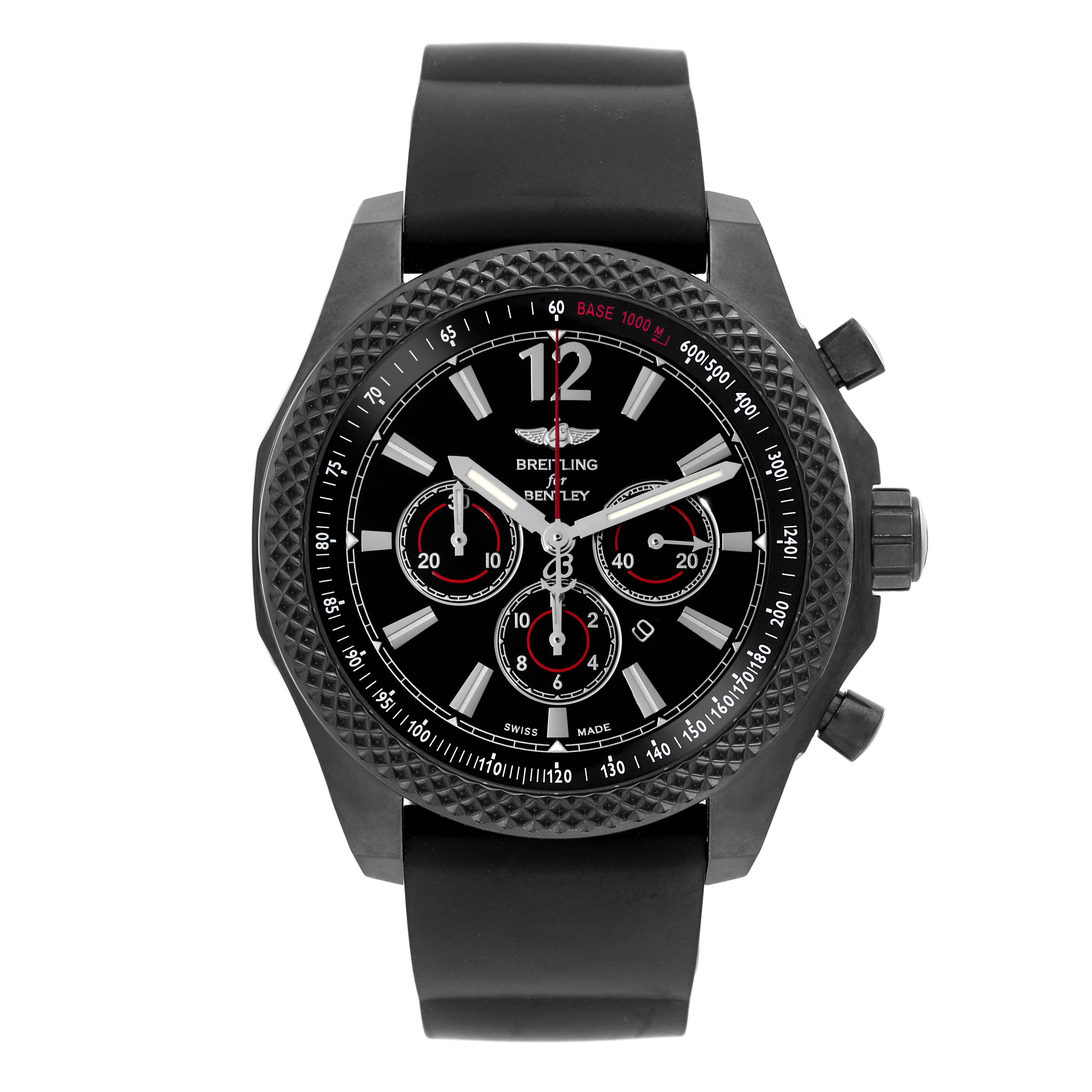 The image shows a front view of the Breitling Bentley M41390 Men's Stainless Steel Black Dial M41390 Men's Stainless Steel Black Dial watch, highlighting its black dial, strap, and chronograph dials.