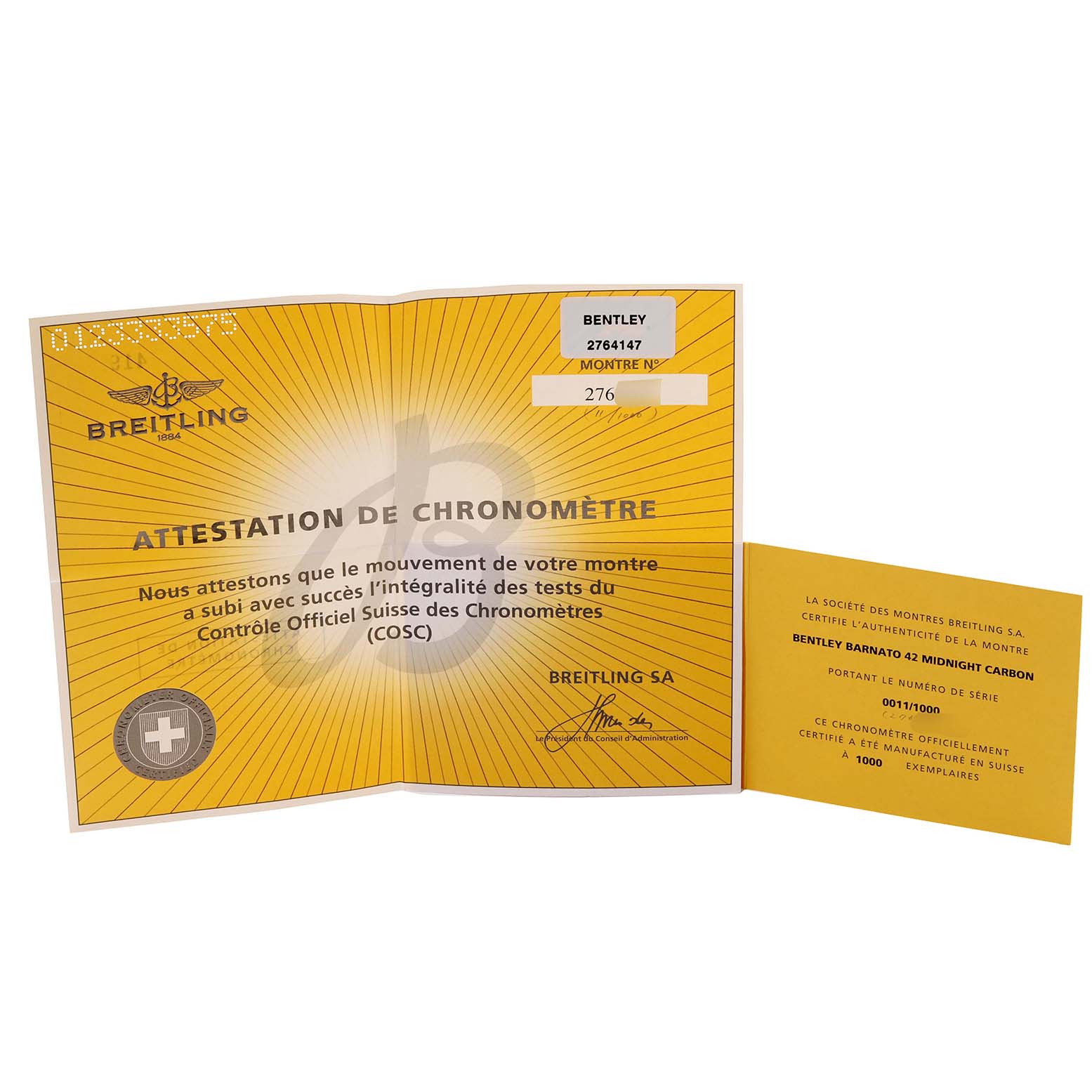 The image shows the certification documents for a Bentley model watch by Breitling, including COSC certification.