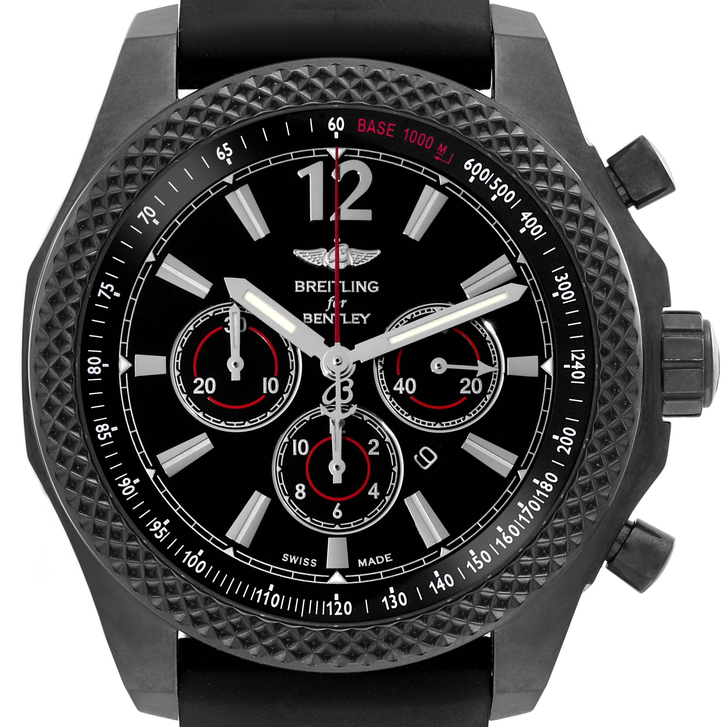 This image shows a front view of the Breitling Bentley M41390 Men's Stainless Steel Black Dial M41390 Men's Stainless Steel Black Dial model watch, displaying its face, bezel, and pushers.