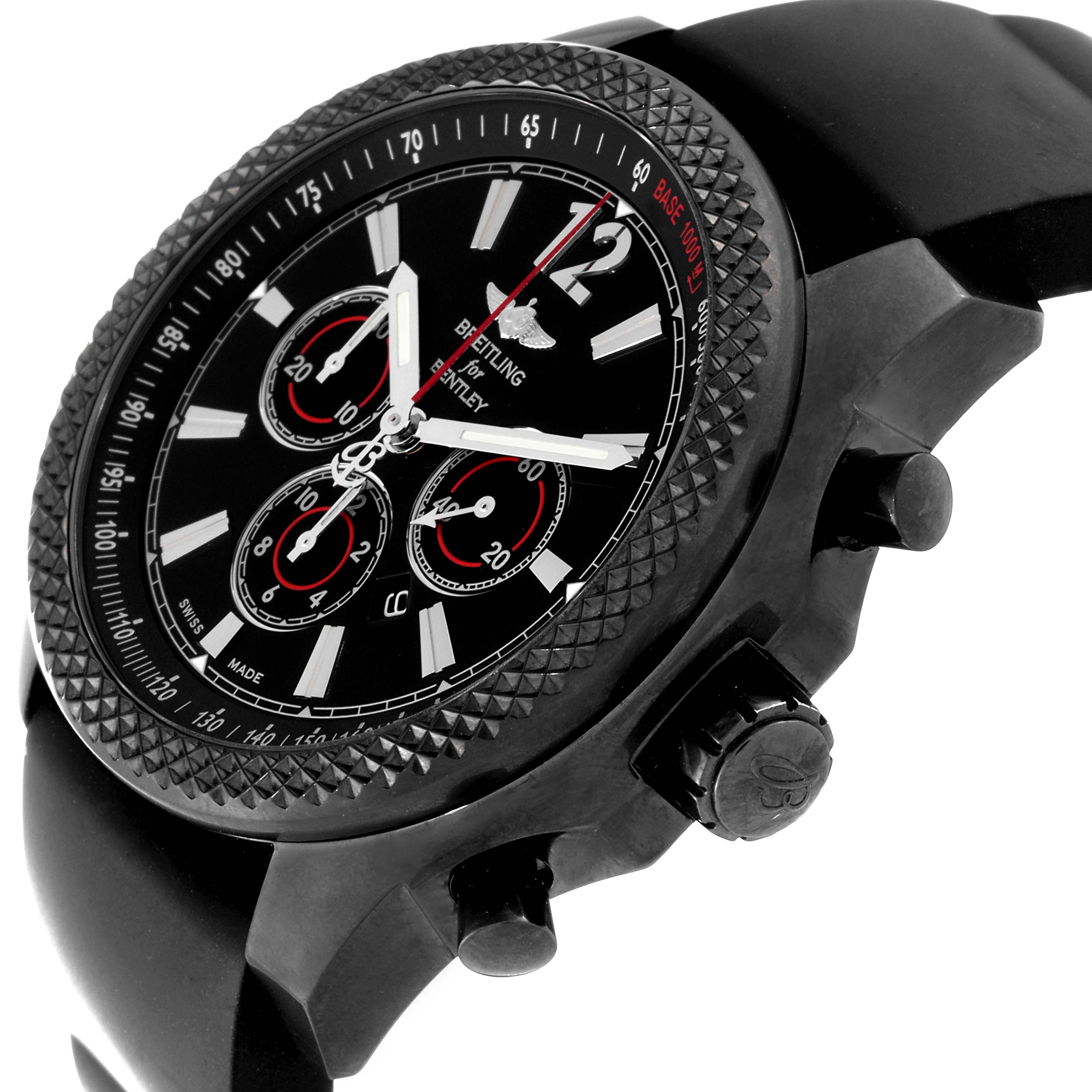 The image shows a Breitling Bentley M41390 Men's Stainless Steel Black Dial M41390 Men's Stainless Steel Black Dial watch from a side angle, highlighting the bezel, dial, and pushers.