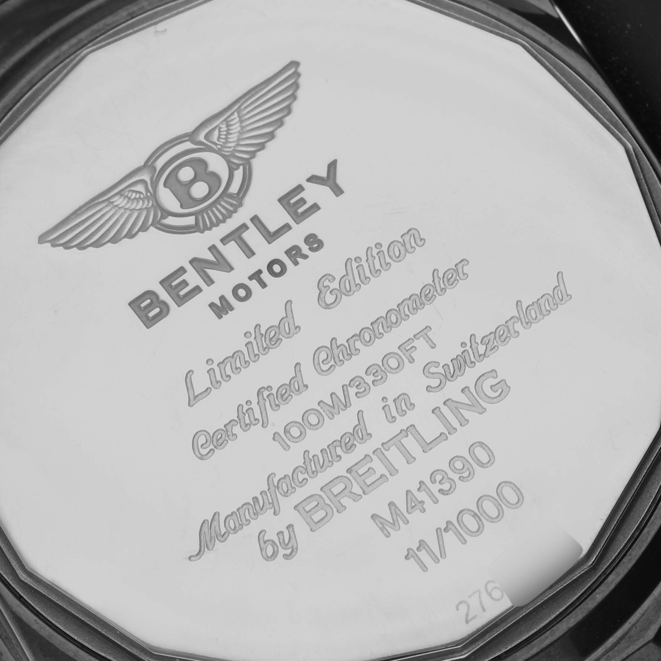 The image shows the back case of a Breitling Bentley M41390 Men's Stainless Steel Black Dial M41390 Men's Stainless Steel Black Dial model watch, displaying the branding and limited edition details.