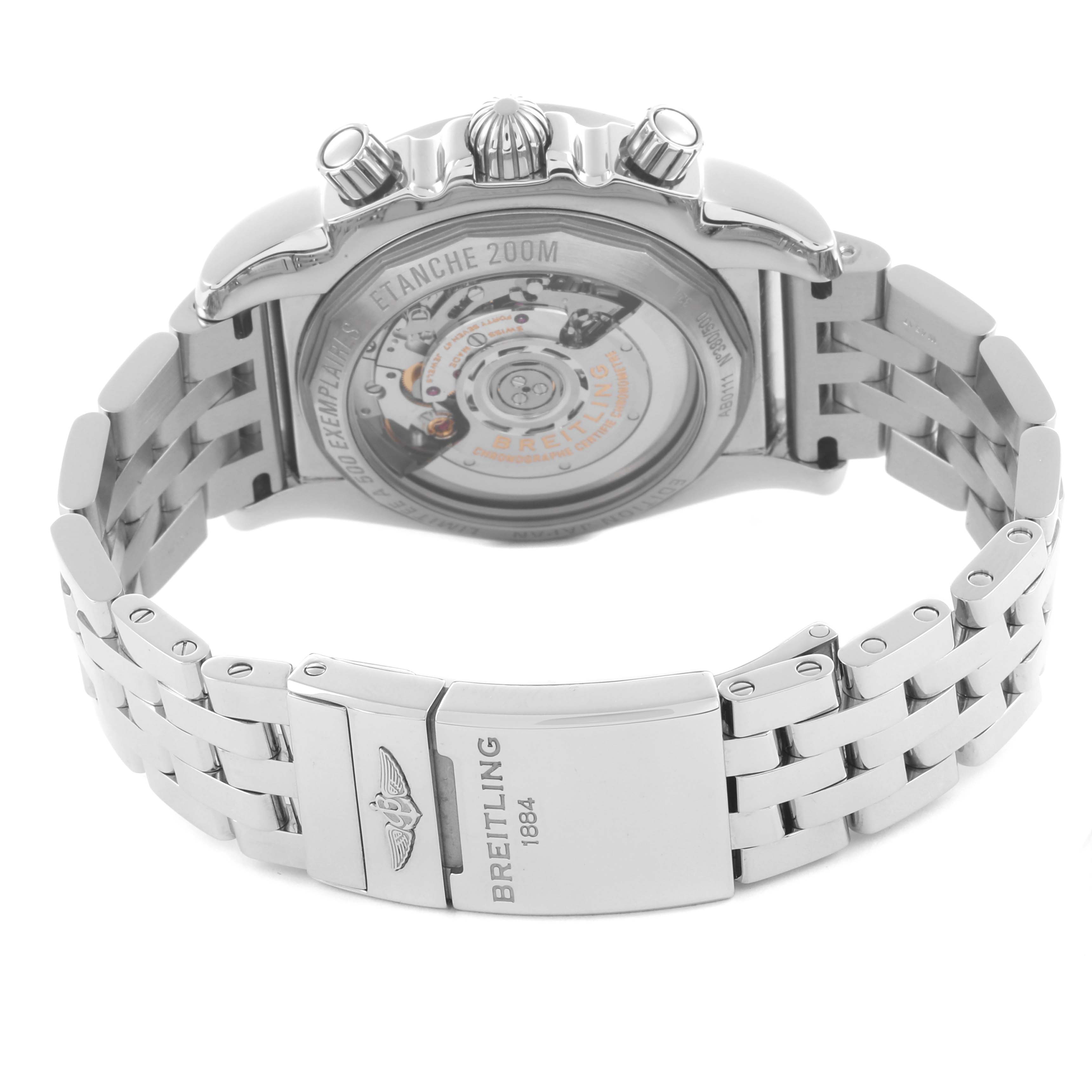 The image shows the back and side view of a Breitling Chronomat AB01111/AB01111A/BG64 Men
s Stainless Steel Mother of Pearl Dial AB01111/AB01111A/BG64 Men
s Stainless Steel Mother of Pearl Dial watch, highlighting the transparent case back and metal bracelet.