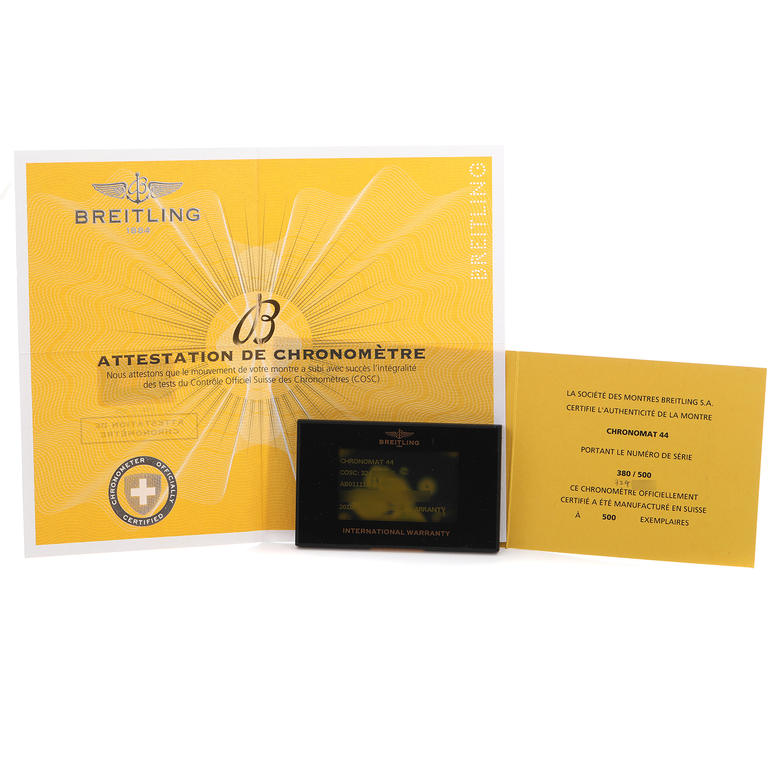 The image shows the Breitling Chronomat AB01111/AB01111A/BG64 Men
s Stainless Steel Mother of Pearl Dial AB01111/AB01111A/BG64 Men
s Stainless Steel Mother of Pearl Dial model
s chronometer certificate and international warranty card.