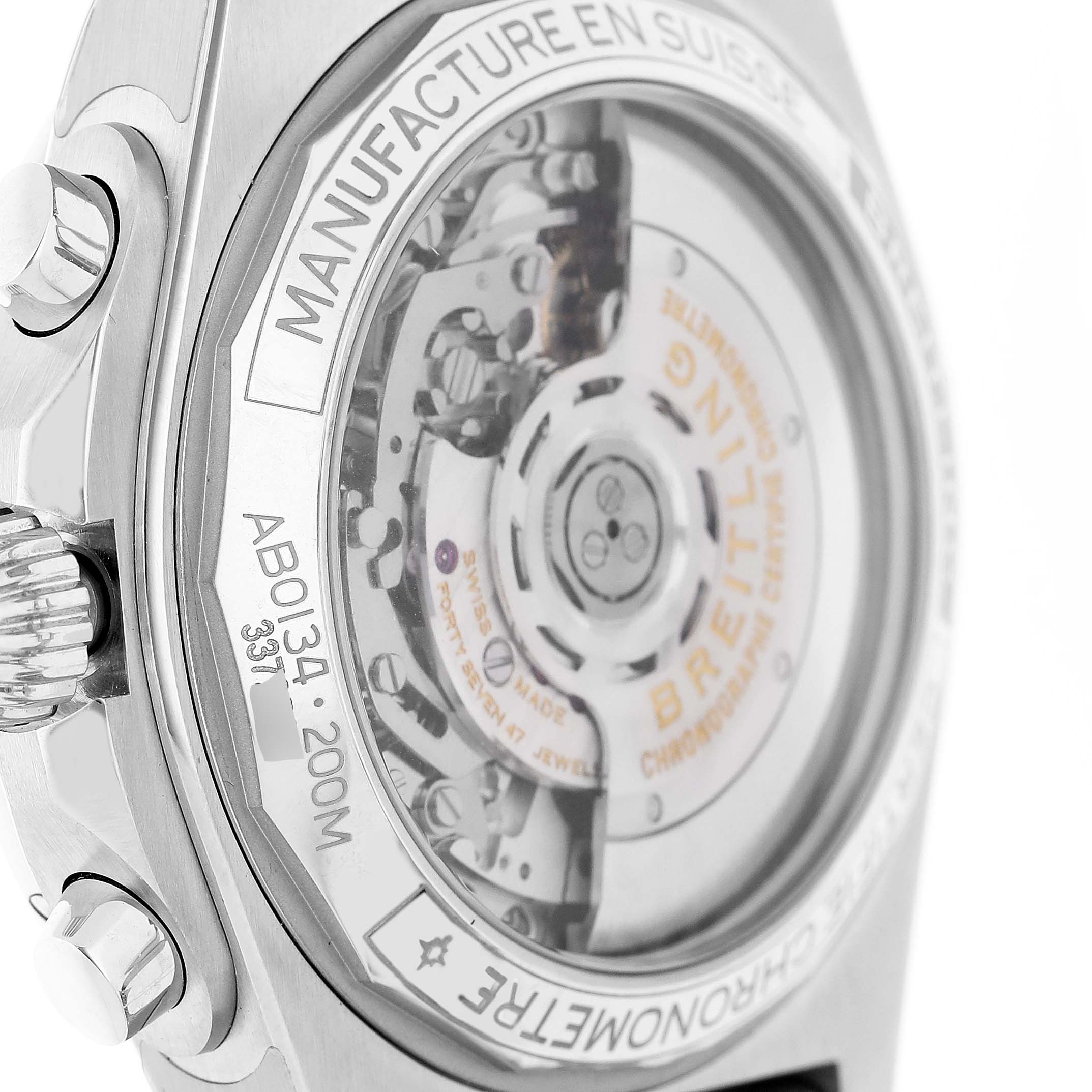 The image shows the back of a Breitling Chronomat AB0134101C1A1 Men's Stainless Steel Blue Dial, highlighting the mechanical movement and crystal case back.