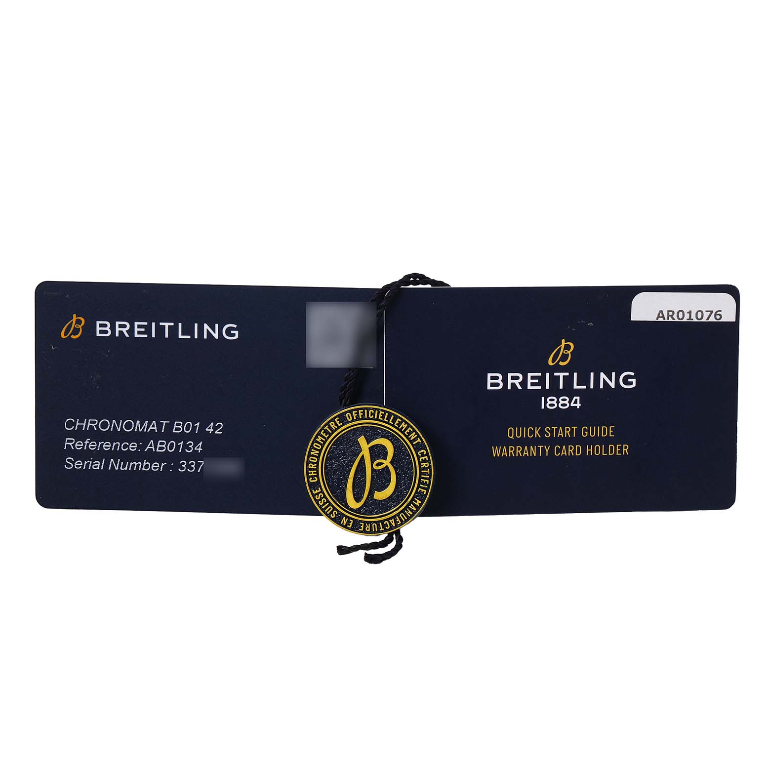 The image shows a warranty card holder and quick start guide for a Breitling Chronomat AB0134101C1A1 Men's Stainless Steel Blue Dial B01 42.