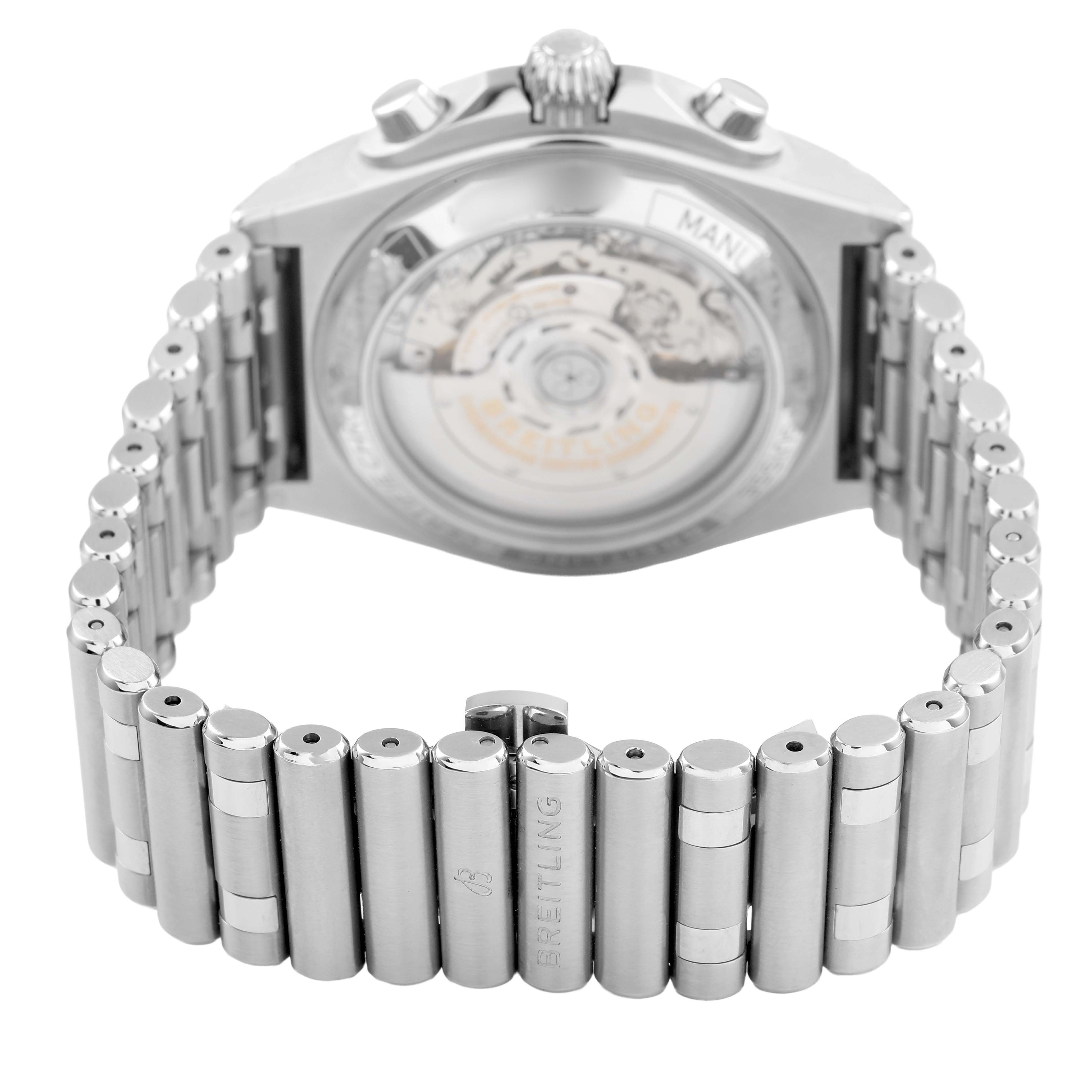 The Breitling Chronomat AB0134101C1A1 Men's Stainless Steel Blue Dial watch is shown from the back, highlighting the movement and stainless steel bracelet.