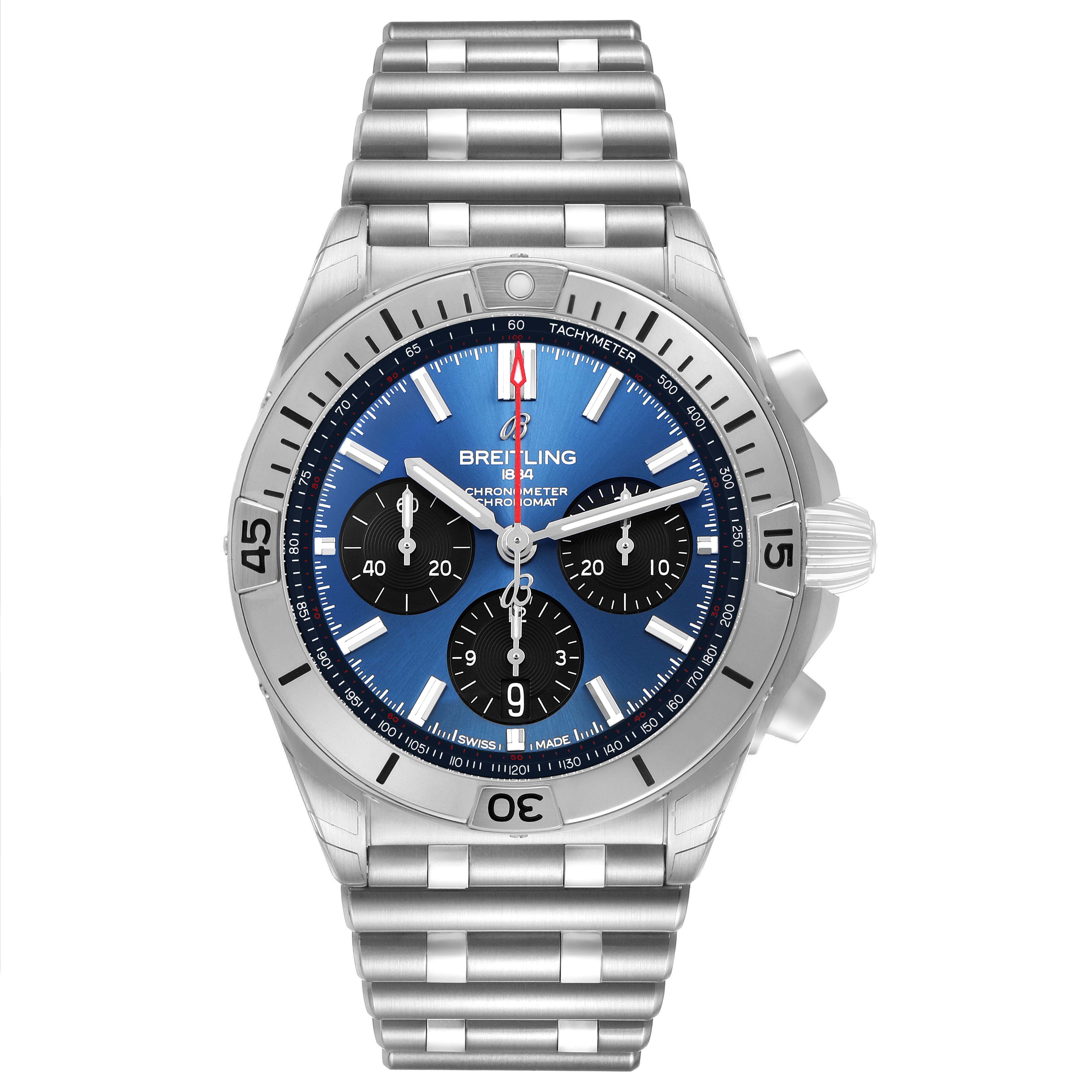 The Breitling Chronomat AB0134101C1A1 Men's Stainless Steel Blue Dial watch is shown from a front angle, highlighting its blue dial, subdials, and metal bracelet.