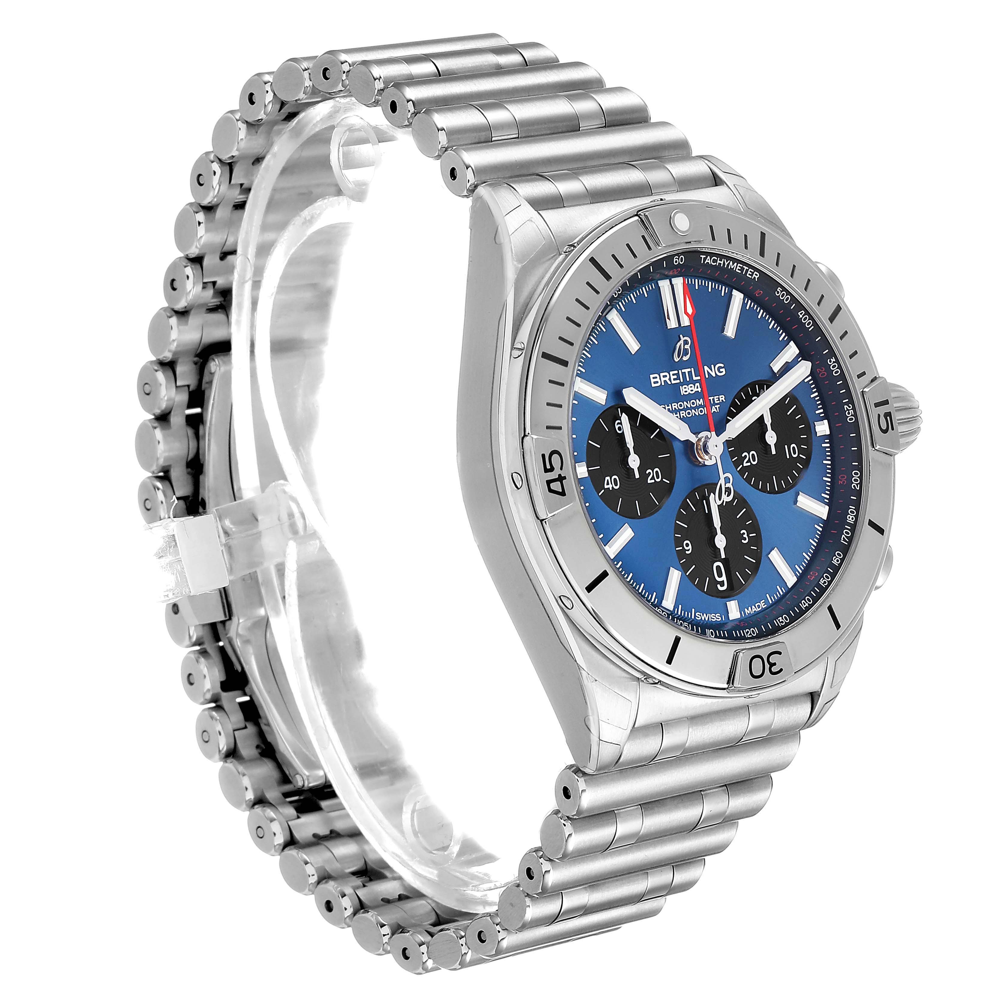 The Breitling Chronomat AB0134101C1A1 Men's Stainless Steel Blue Dial watch is shown at a slight angle, highlighting the blue dial, bezel, and the metal bracelet.