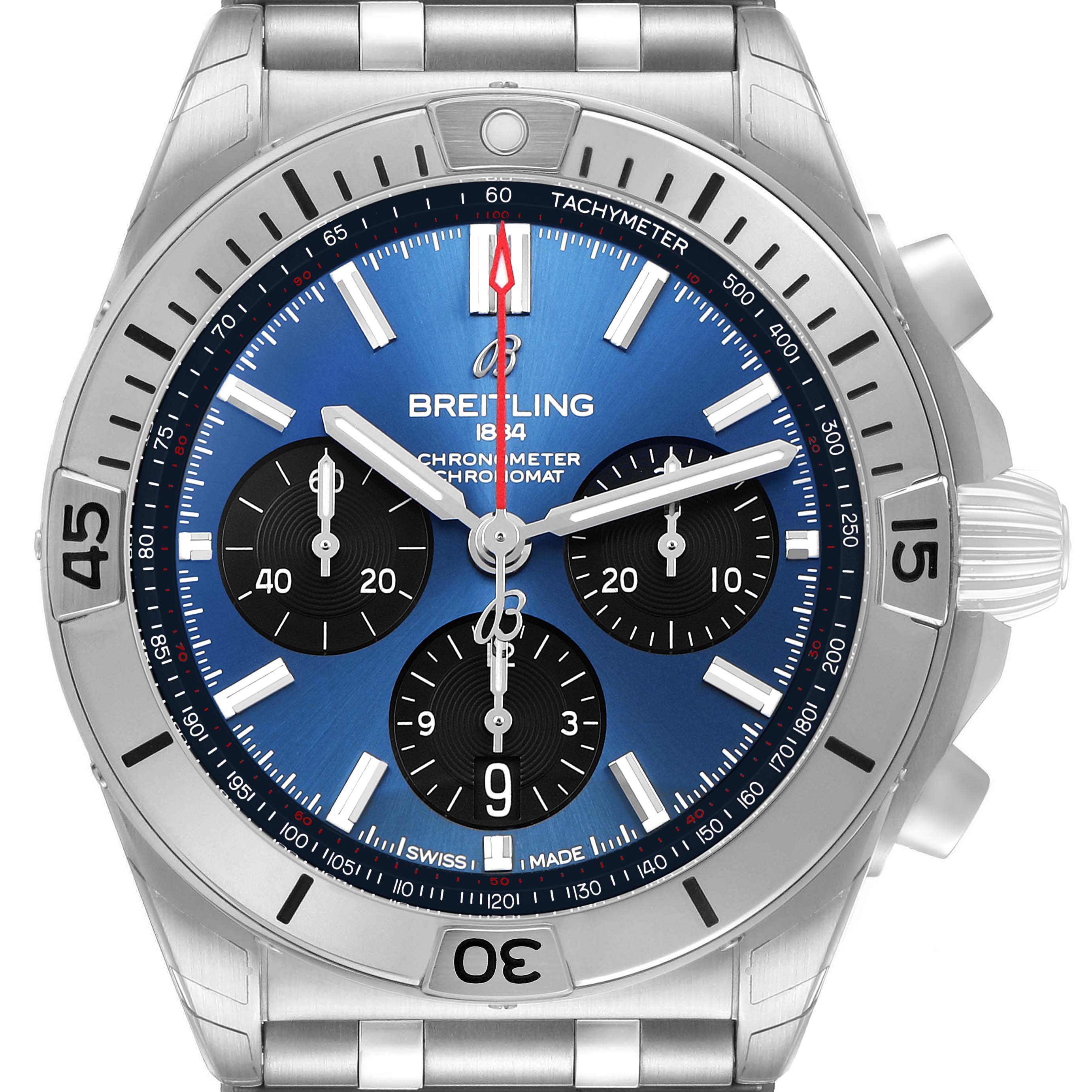The Breitling Chronomat AB0134101C1A1 Men's Stainless Steel Blue Dial watch is shown from a front angle, highlighting the blue dial, chronograph subdials, and stainless steel bezel.