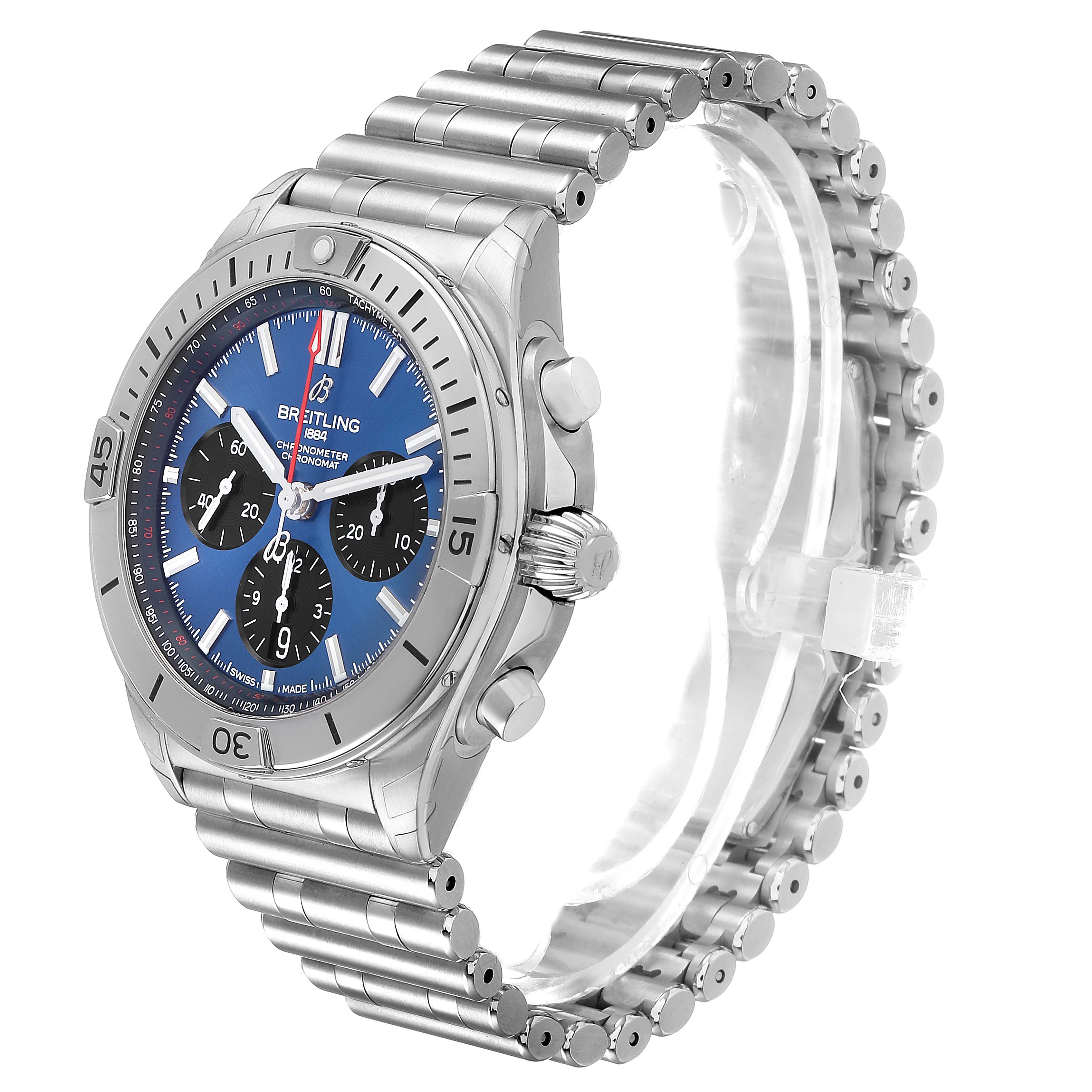 The image shows a Breitling Chronomat AB0134101C1A1 Men's Stainless Steel Blue Dial watch at a three-quarter angle, highlighting its case, bezel, dial, and metal bracelet.